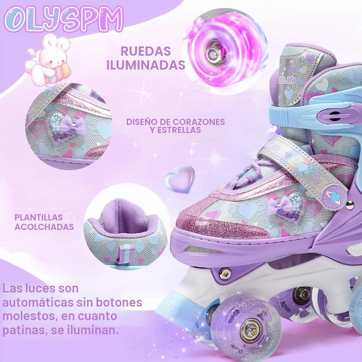 Patines 4 Ruedas Niña con Ruedas Luminosas, 4 Tallas Ajustables, Patines para Principiantes