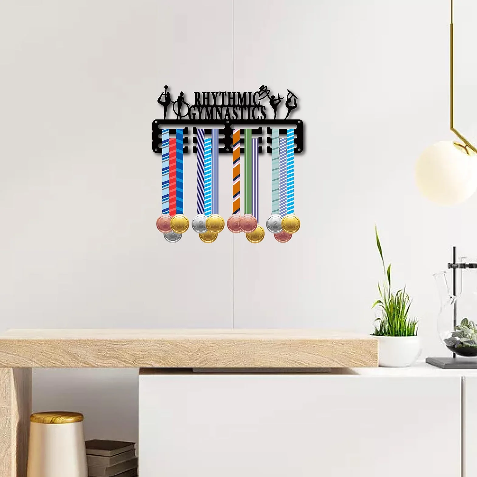 CREATCABIN Soporte para Medallas Gimnasia Rítmica, Colgadores Metal, Estante de Pared Negro 29x13cm