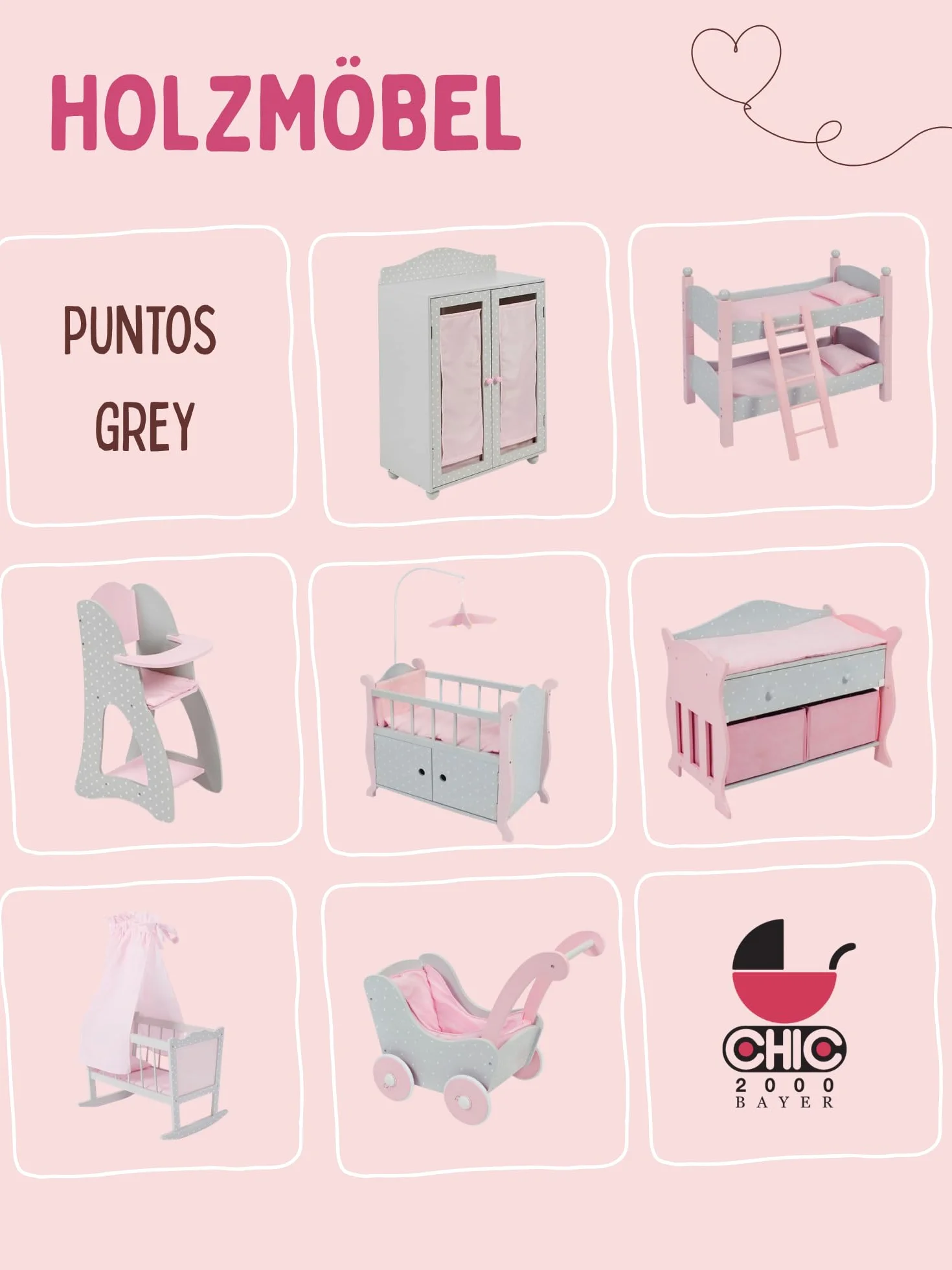 Cochecito de Madera para muñecas de bebé de hasta 54 cm, Carrito de muñecas de Madera, Altura de Empuje 43 cm, Puntos Grey