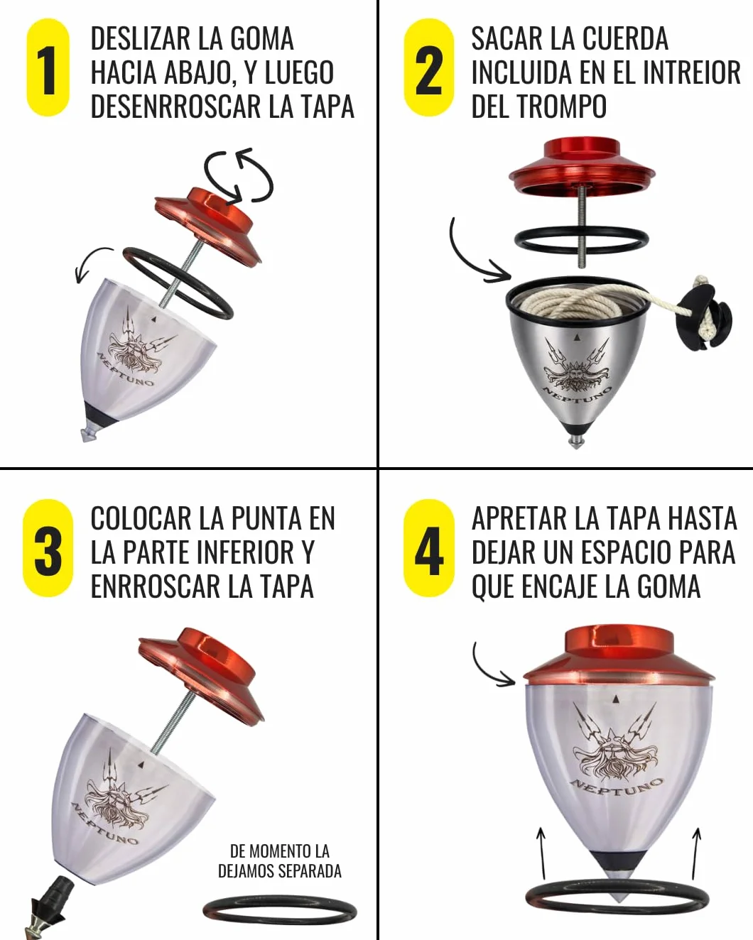 Trompo Profesional Neptuno Roller de Acero Inoxidable, Peonza con Punta Roller de Doble Rodamiento, Regulador de Vibraciones, Diseño para Trucos Avanzados, Incluye Cuerda, Rojo