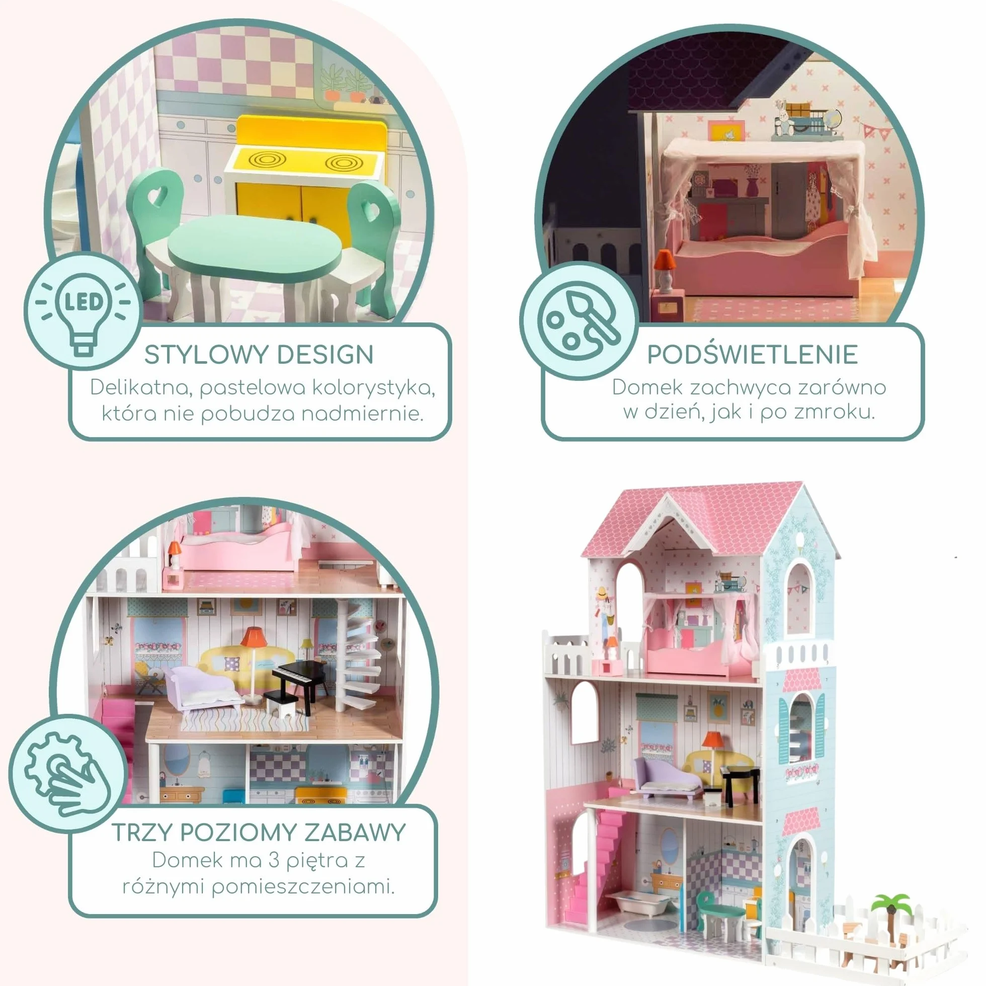 Mamabrum Casa de Muñecas de Madera XXL con LED – Casita de Muñecas de 3 Pisos con Muebles, Jardín y Accesorios – Casa de Barbie de Madera Educativa para Niñas +3 Años