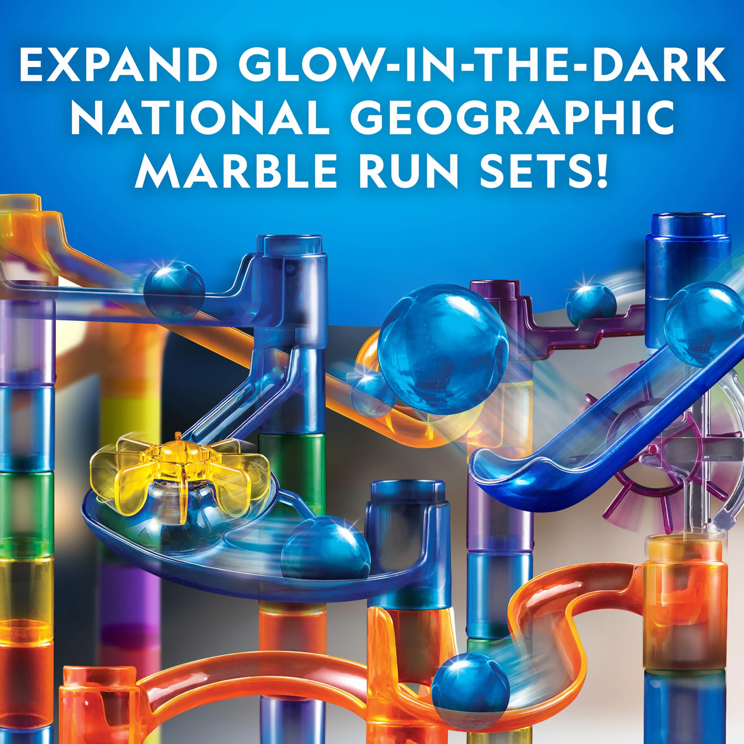 Blue Marble National Geographic Kit de Canicas con Elevador Motorizado - Set de 150 Piezas con Espiral, 30 Canicas, Bolsa de Almacenamiento, Máquina de Movimiento Perpetuo, Juego para Niños