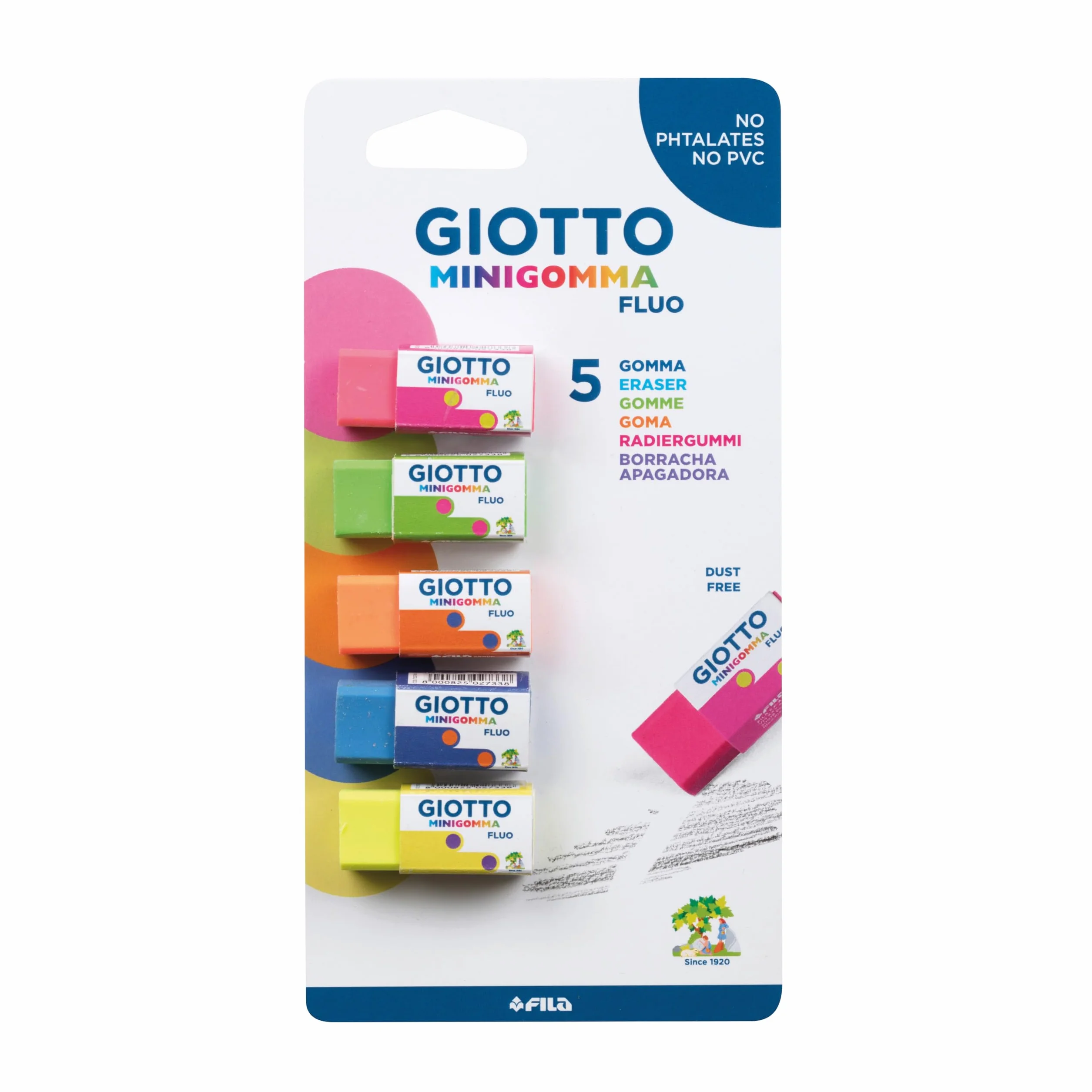 GIOTTO Mini gomas fluo, Colores Surtidos Fluo, 5 unidades