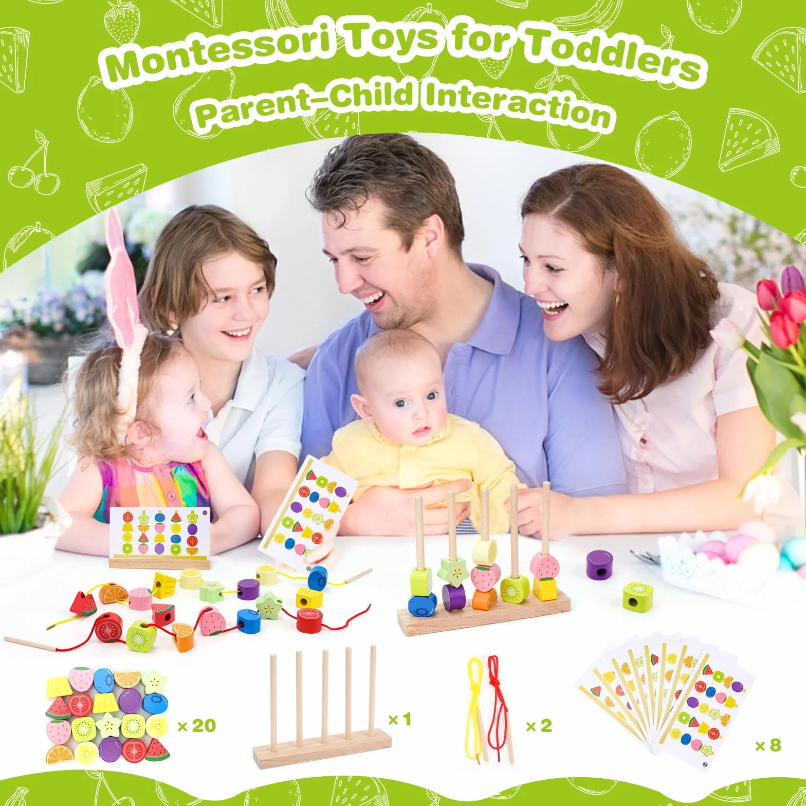 GiddyGlow Juguetes de Madera Montessori para Niños 2 3 4 Años： Juego Educativo con Ensartar Cuentas y Apilar Bloques para Motricidad Fina + Regalo Niña Niño 2-5 Años