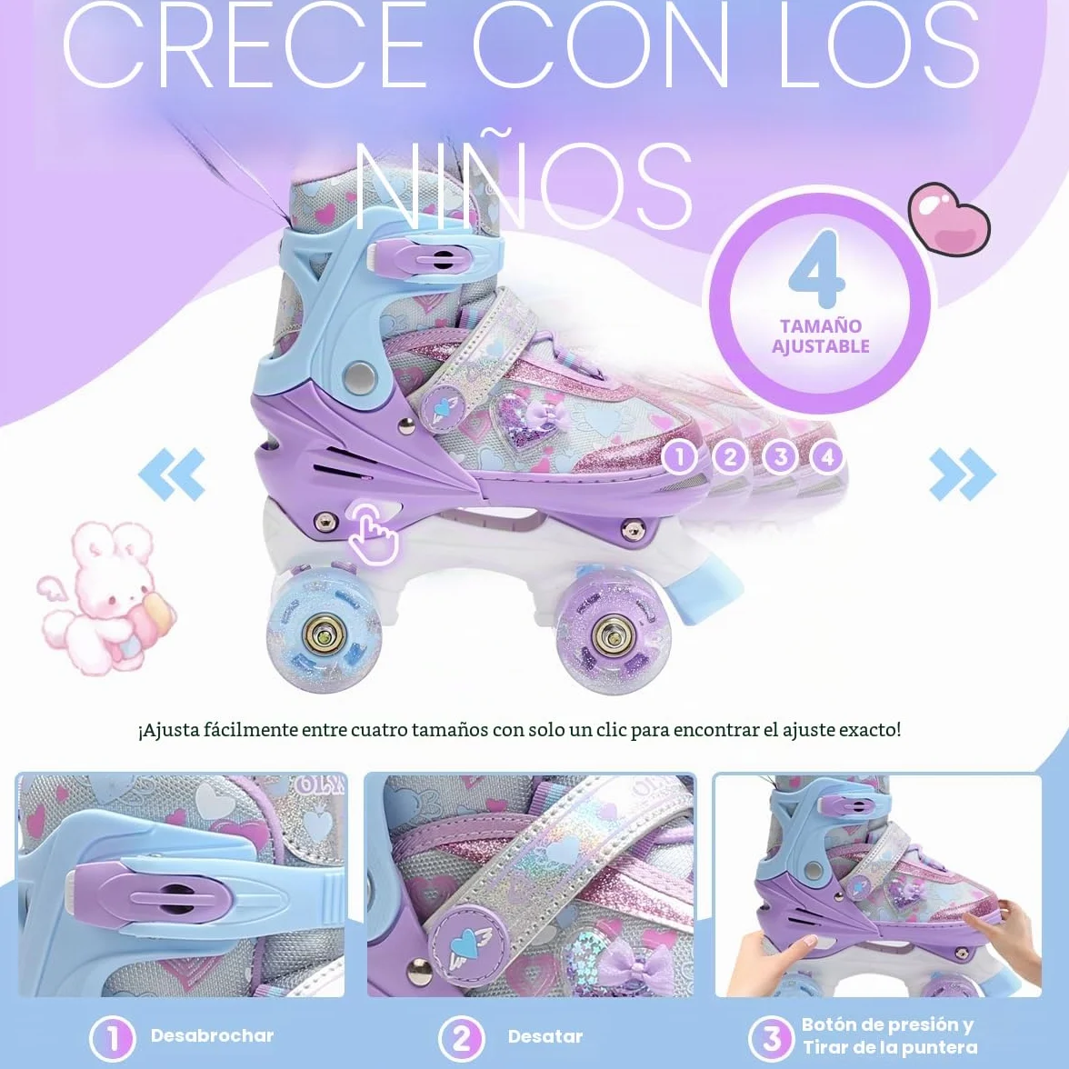 Patines 4 Ruedas Niña con Ruedas Luminosas, 4 Tallas Ajustables, Patines para Principiantes