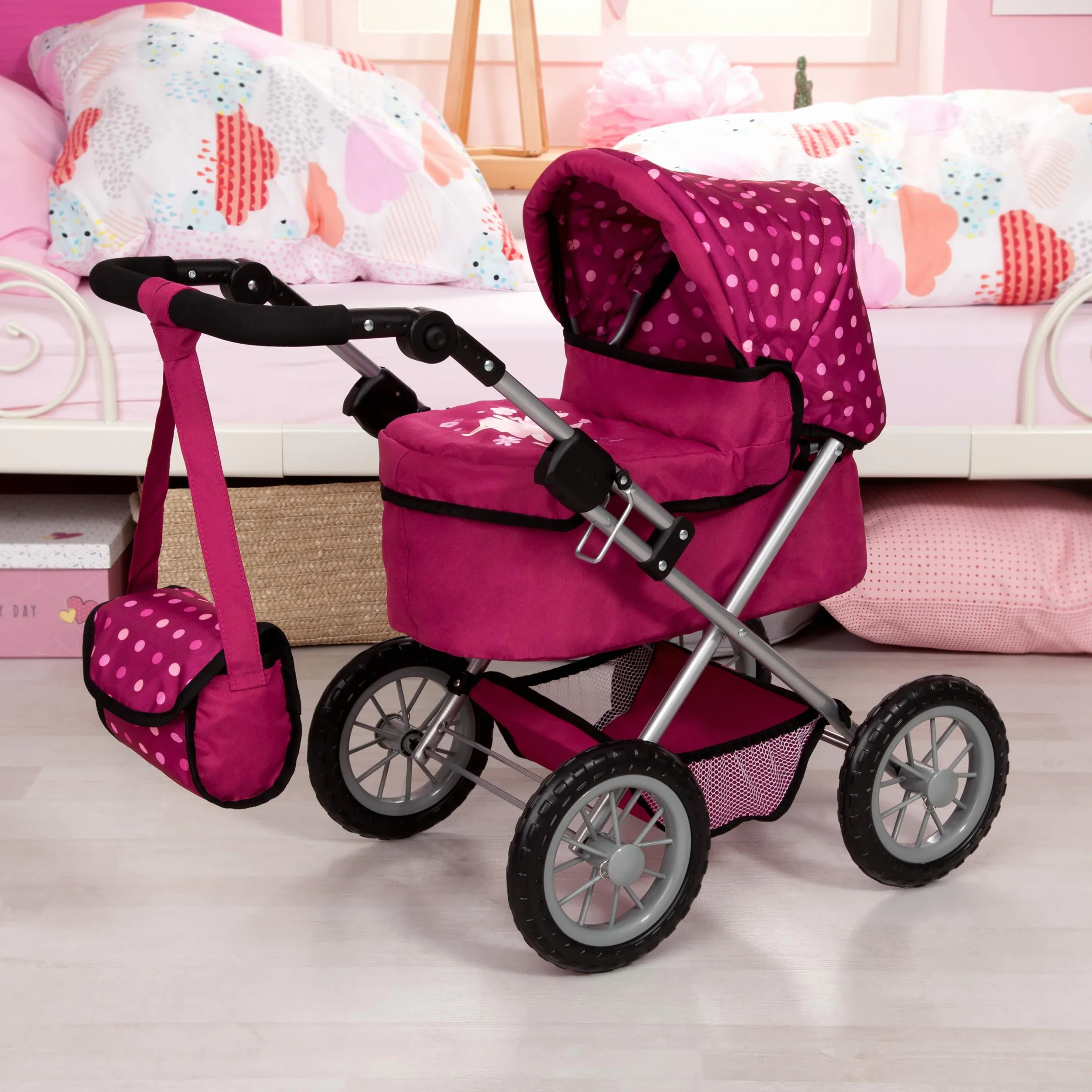 Bayer Design 13067Aa, Cochecito, Carro Muñecas Trendy, Combolsa, Plegable, Ajustable, Rojo, Hadas, Color Motivo