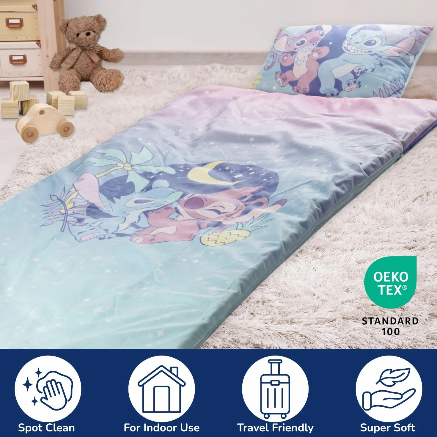 Set de 2 con Almohada y Manta de Lilo y Stitch Disney, Suave Saco de Dormir Infantil con Bolsa y Almohada, para Fiestas de Pijamas, Viajes y acampadas