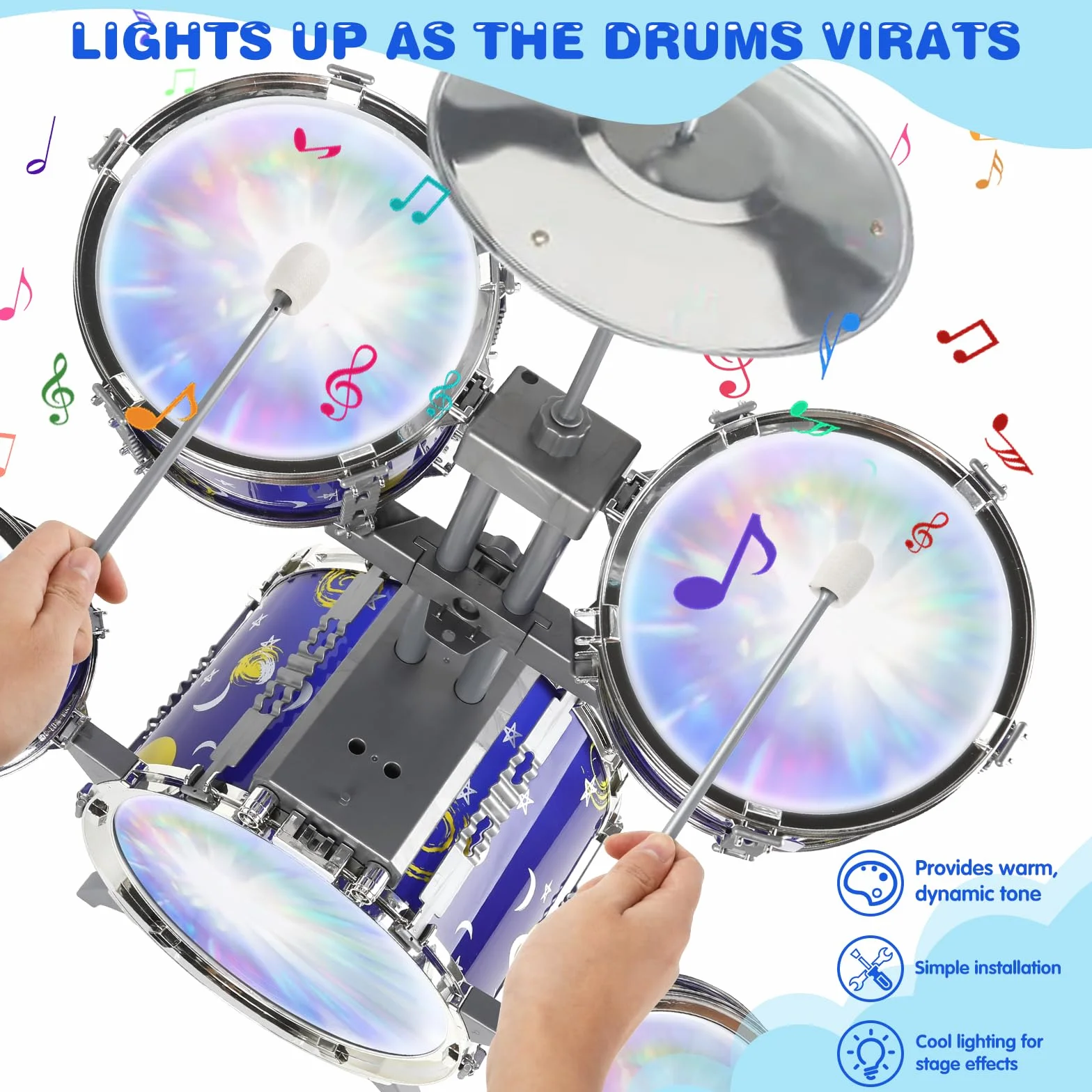 Bateria Infantil Musicales Niños con Luces y Kit de Tambores, Jazz Tambores con Taburete, Instrumentos Educativos para Niños 2-6 Años