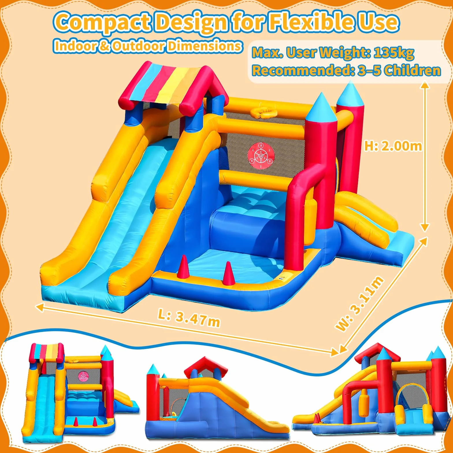 Castillo Hinchable para Niños, FOOING 9 en 1 Casa Inflables con Soplador de Aire, Trampolín, Tobogán, Estante Baloncesto, Pared Escalada, Casa Inflable Interior al Aire Libre para Fiesta Cumpleaños