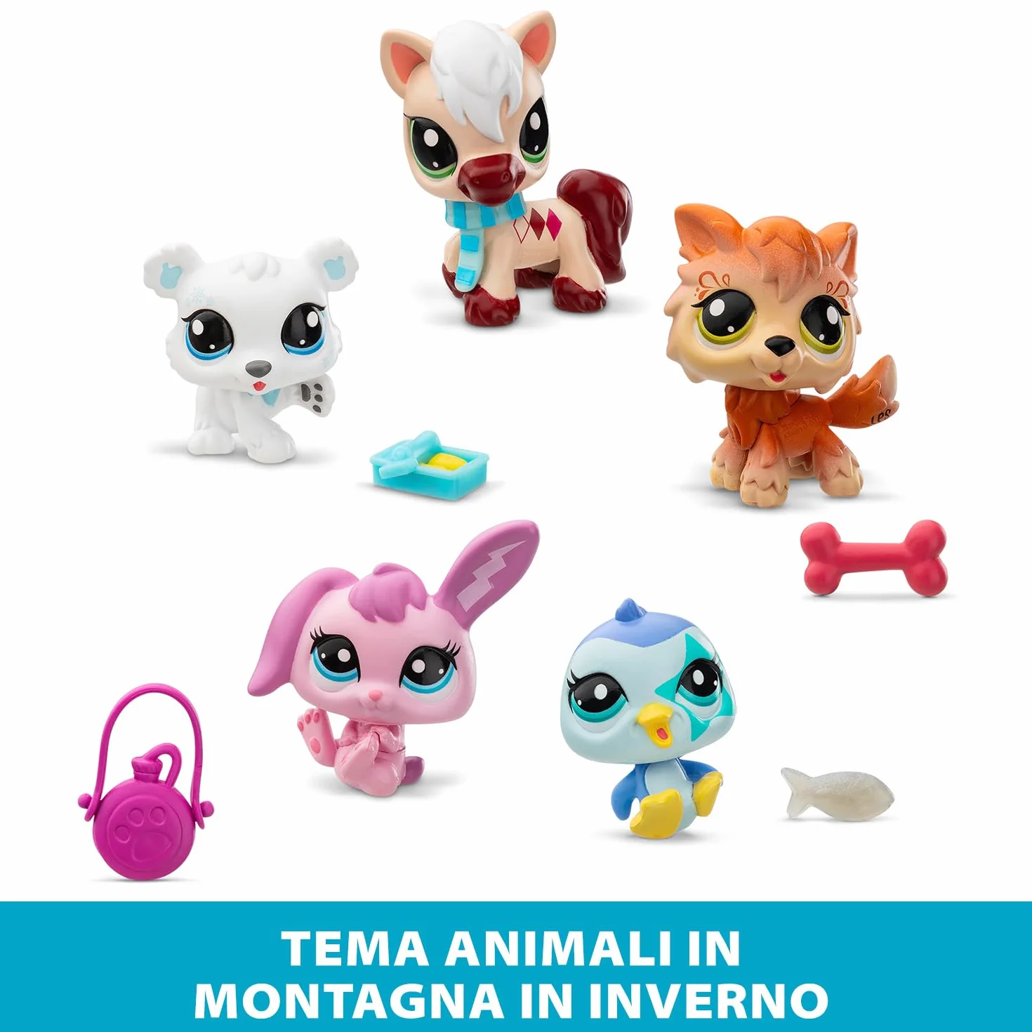 BANDAI Littlest Pet Shop Pack DE 5 Winter Besties BF00573 Incluye 5 Mascotas, 7 Accesorios adorables, 1 Tarjeta de coleccionista, 1 código Virtual, Cabezas Móviles, para Edades de 4 años+