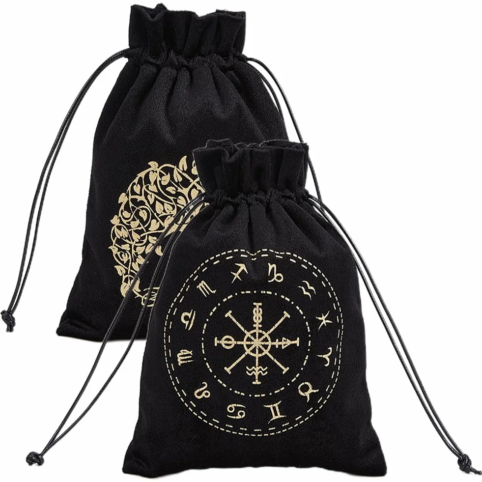 CREATCABIN 2 Bolsa Tarot Terciopelo Almacenamiento Tarjetas Tarot,12 Constelaciones,Bolsa Árbol la Vida,Soporte para Runas con Cordones,Grande para Cartas Tarot,Joyería Cristal,Dados,18x13cm,Negro
