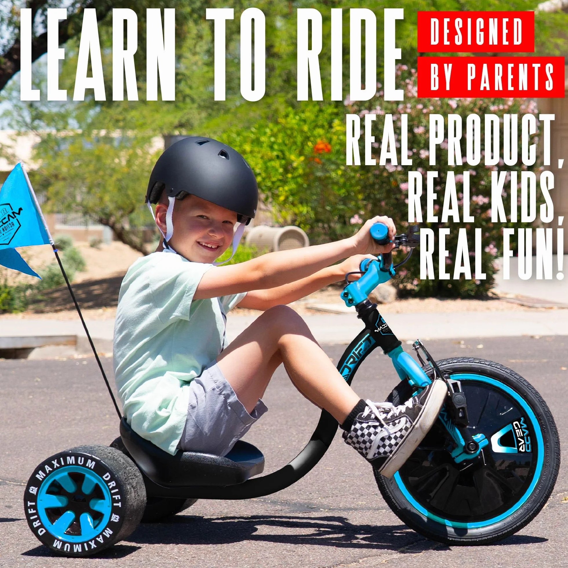 Drift Trike para niños a partir de 5 a 16 pulgadas con rueda grande con asiento ajustable, marco de acero, ruedas traseras y bandera de seguridad, Madd Gear (negro azul)