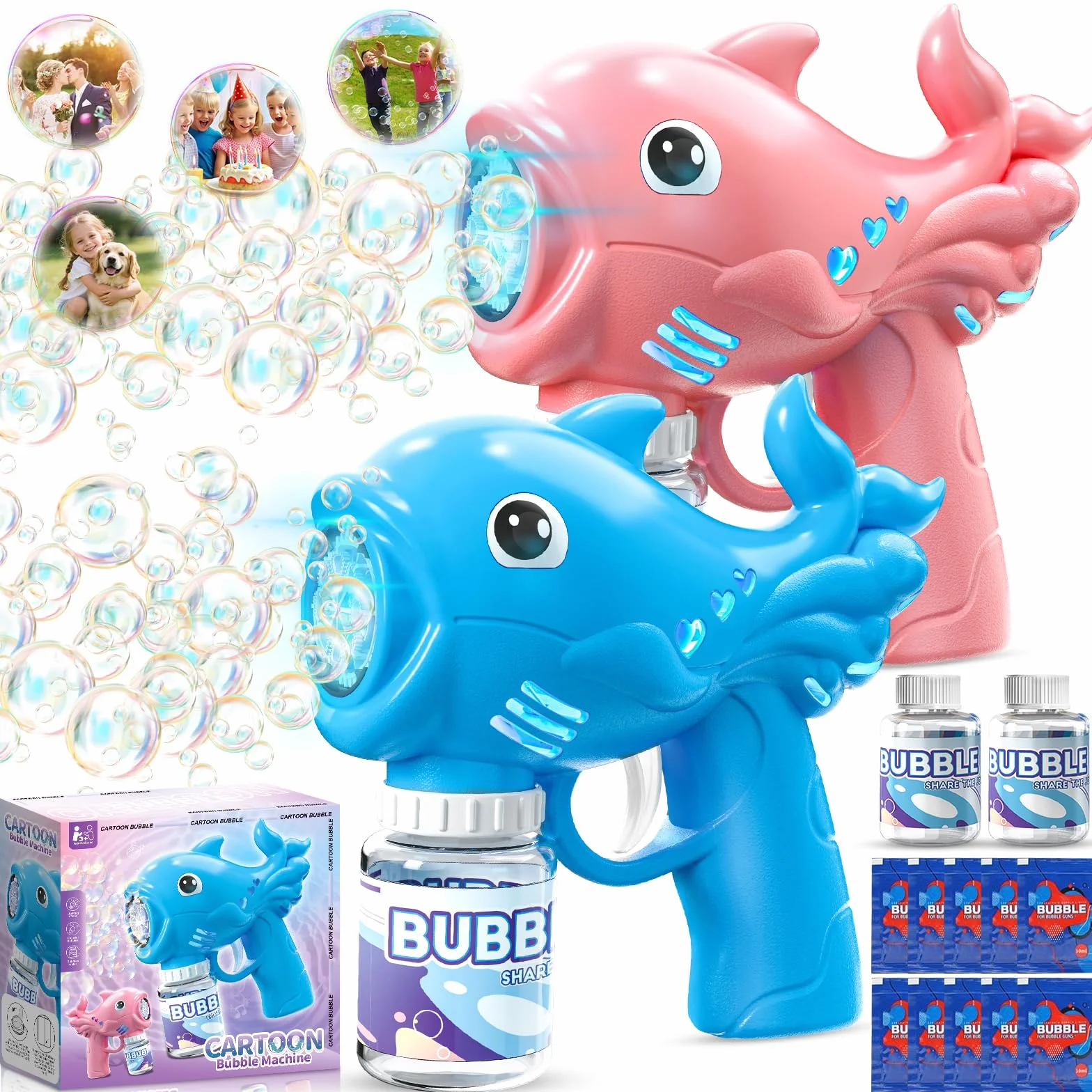 2 Pistola de Burbujas para Niños, Automática Máquina de Burbujas de Jabón con 2×70ML Botellas de Solución, Pompas de Jabon Niños con 8 Aberturas & Luces, para Fiesta, Actividades al Aire Libre