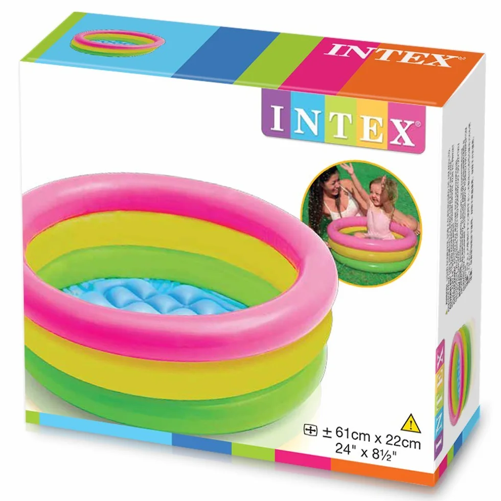 Intex 57107NP - Piscina Redonda hinchable 3 aros +base hinchable 61 x 22 cm, 28 l, Azul, rosa, verde, 1 a 3 años