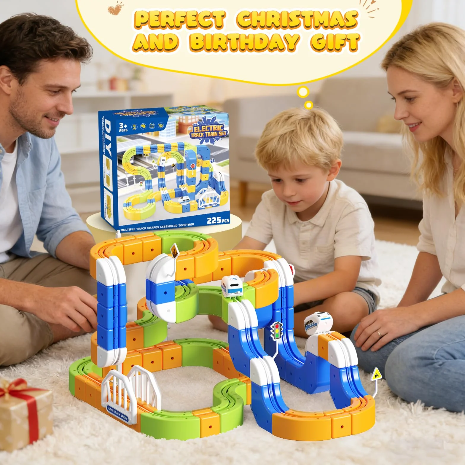 Tren Eléctrico Niños 225 Piezas (80 Vías + 2 Trenes) – Gran Pista Flexible 3D Antigravedad Circuito Tren Electrico, Juego de Construcción Stem DIY, Trenes Motorizados USB, Regalo 3-10 Años