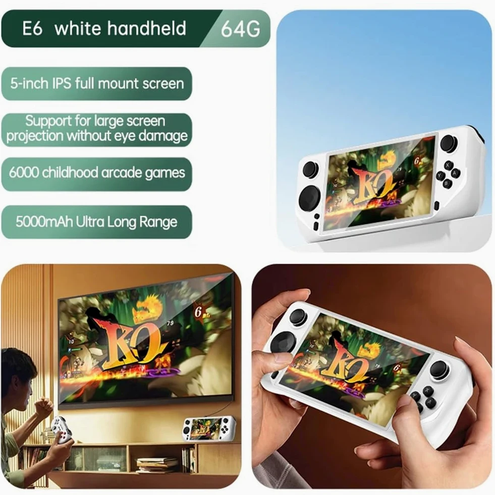 Malloy Consola de Juegos PortáTil E6 Compatible con Videojuegos Retro Gamebox IPS de 5 Pulgadas PS1 N64 Connect TV (64 GB)