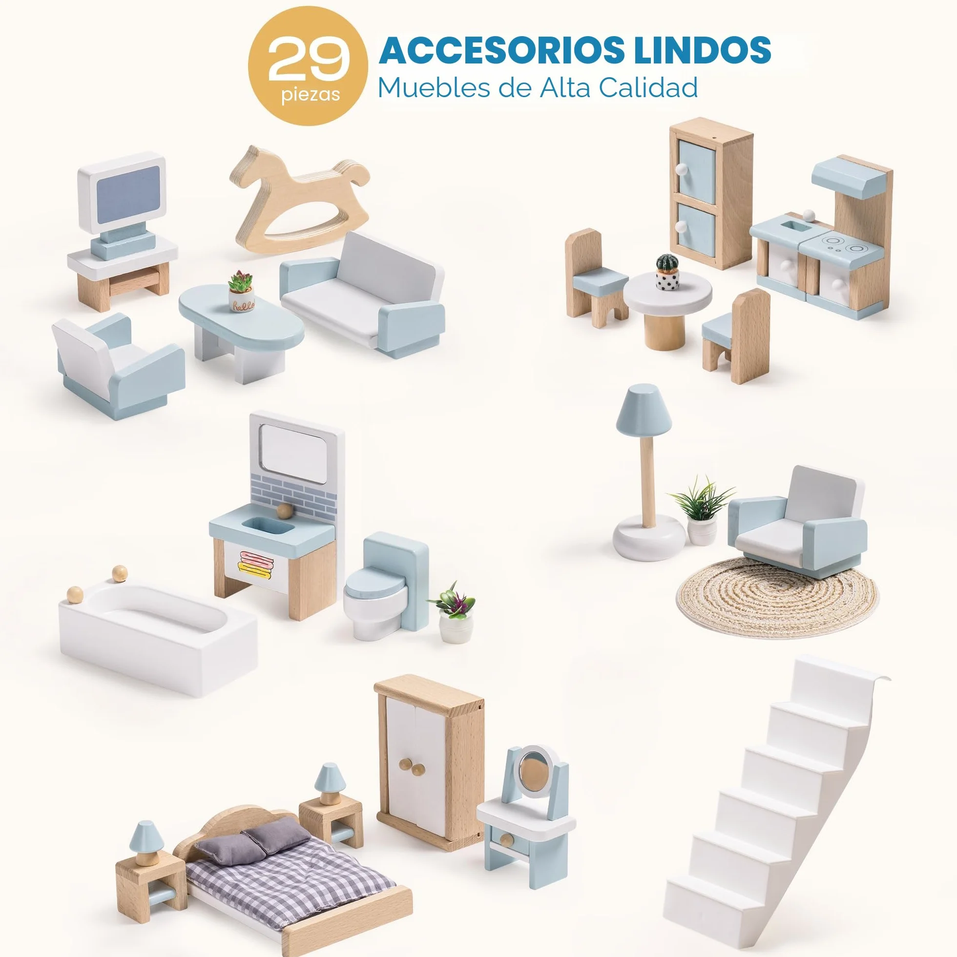 ROBUD Casa de muñecas de Madera, 3 Pisos, Incluye Muebles y escaleras, Juguete para niños a Partir de 3 años
