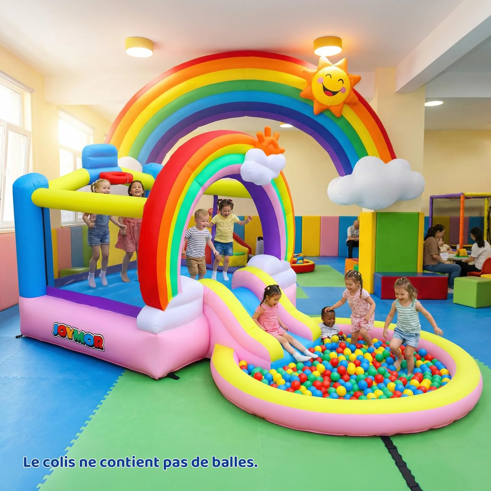 Bonnlo Tobogán Hinchable Infantil con Piscina, 370x192x192 cm, Cama Elástica y Diseño Arcoíris Nubes, Parque Inflable para Jardín Exterior e Inretior, Oxford 420D+840D