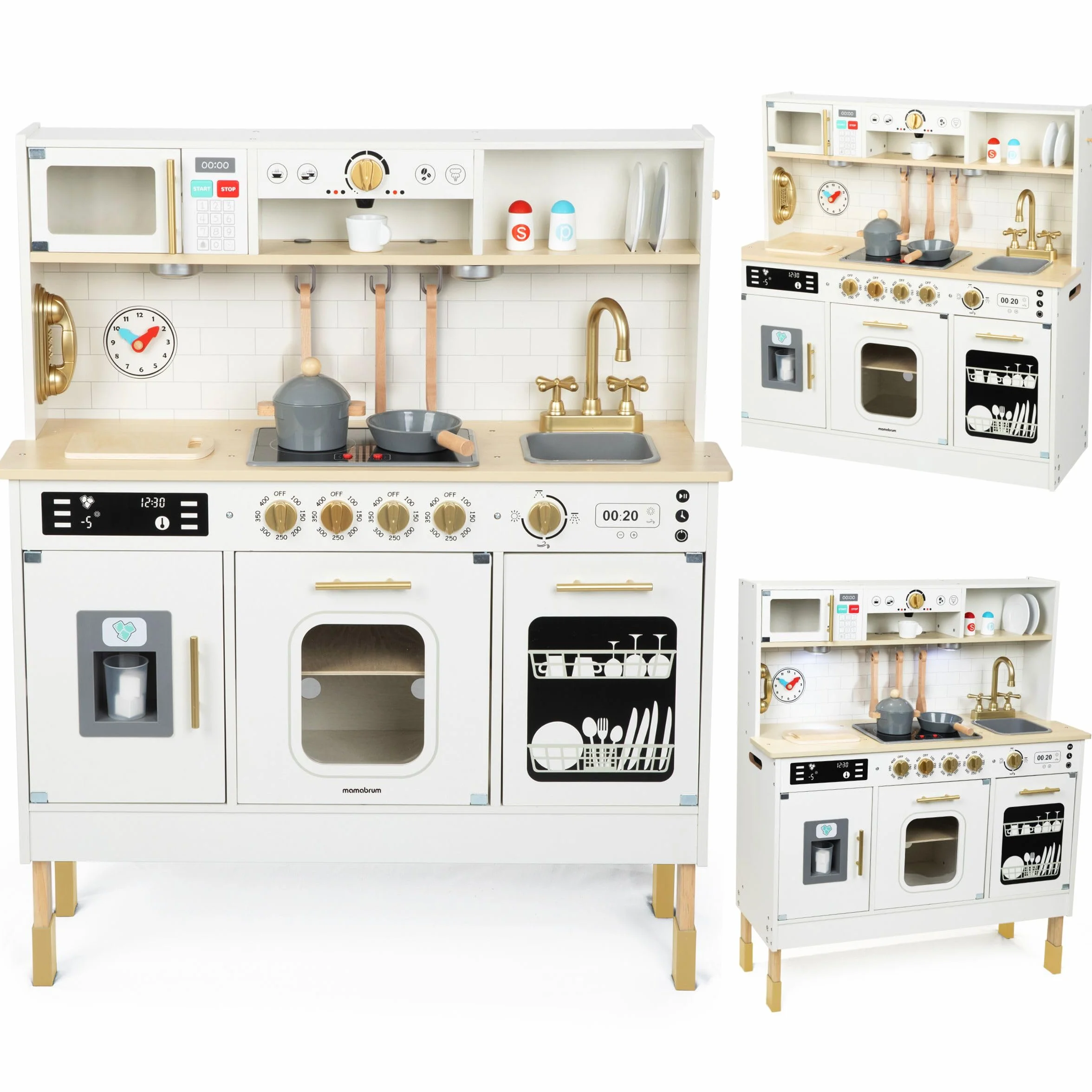Mamabrum Cocina de Juguete para Niños de Madera con Luces LED - Juguetes Cocina Niños Interactiva con Altura Ajustable - Incluye Microondas, Lavavajillas y Accesorios - 104cm