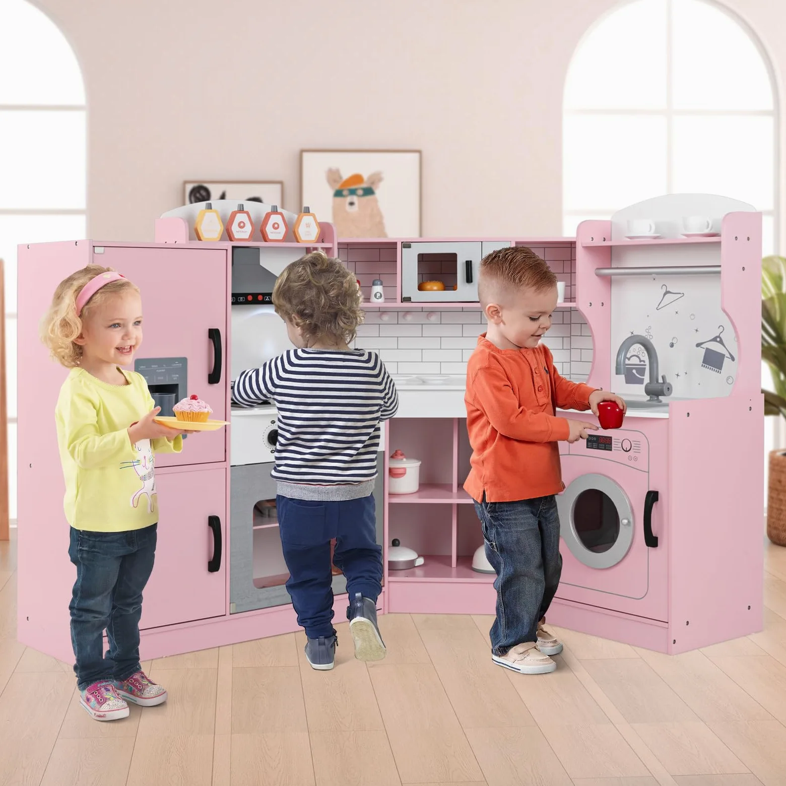 GOPLUS Cocina de Juguete de Esquina para Niños, Cocinita Infantil con Máquina de Hielo, Microondas, Estufa, Horno, Fregadero, Lavadora, con Luces y Sonidos para Niños Pequeños de 3-10 Años (Rosa)