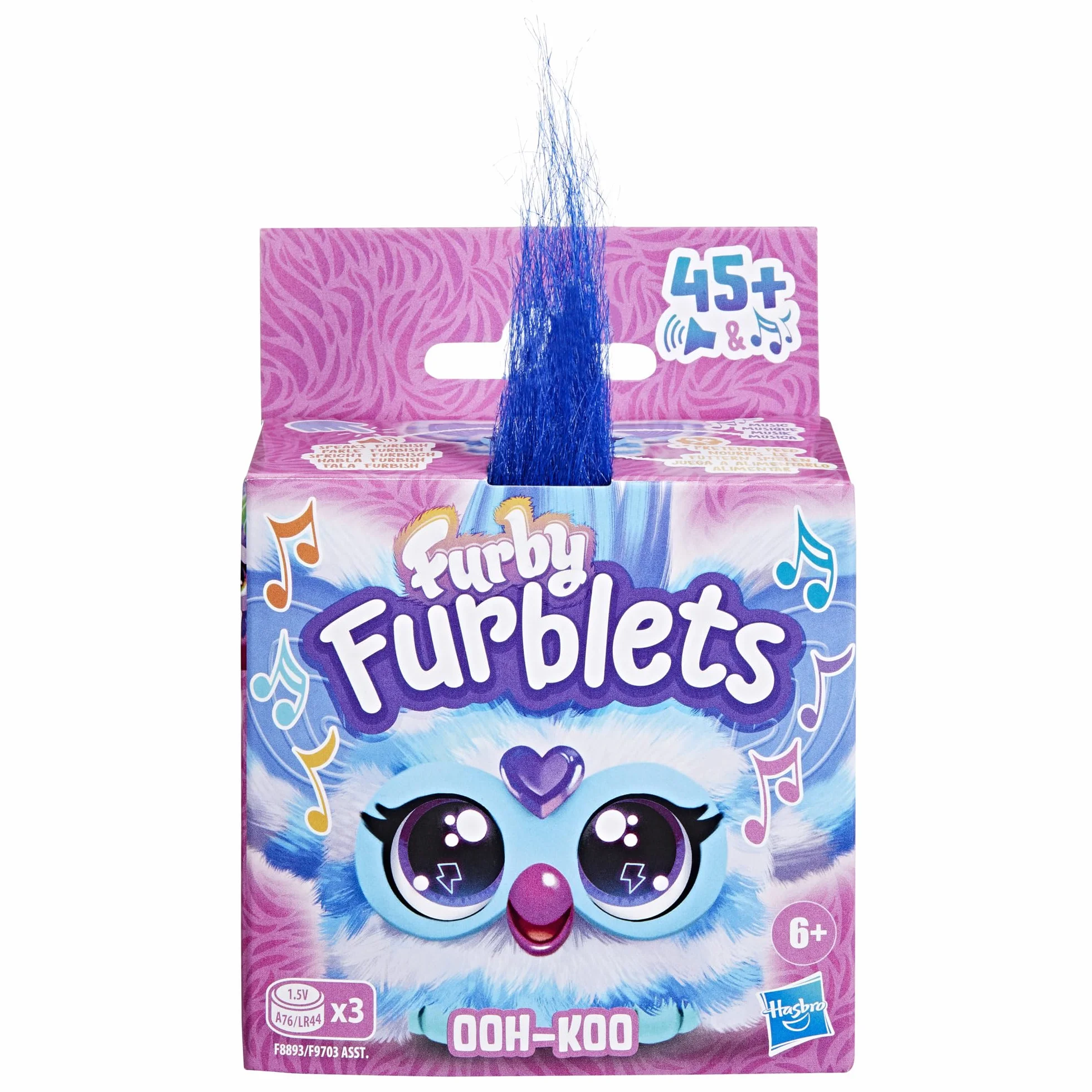 Furby Furblets, Miniamigo Ooh-Koo, Más de 45 Sonidos, Música Rock y Frases en Furbish, Peluche electrónico para niños y niñas a Partir de 6 años, Azul y Blanco