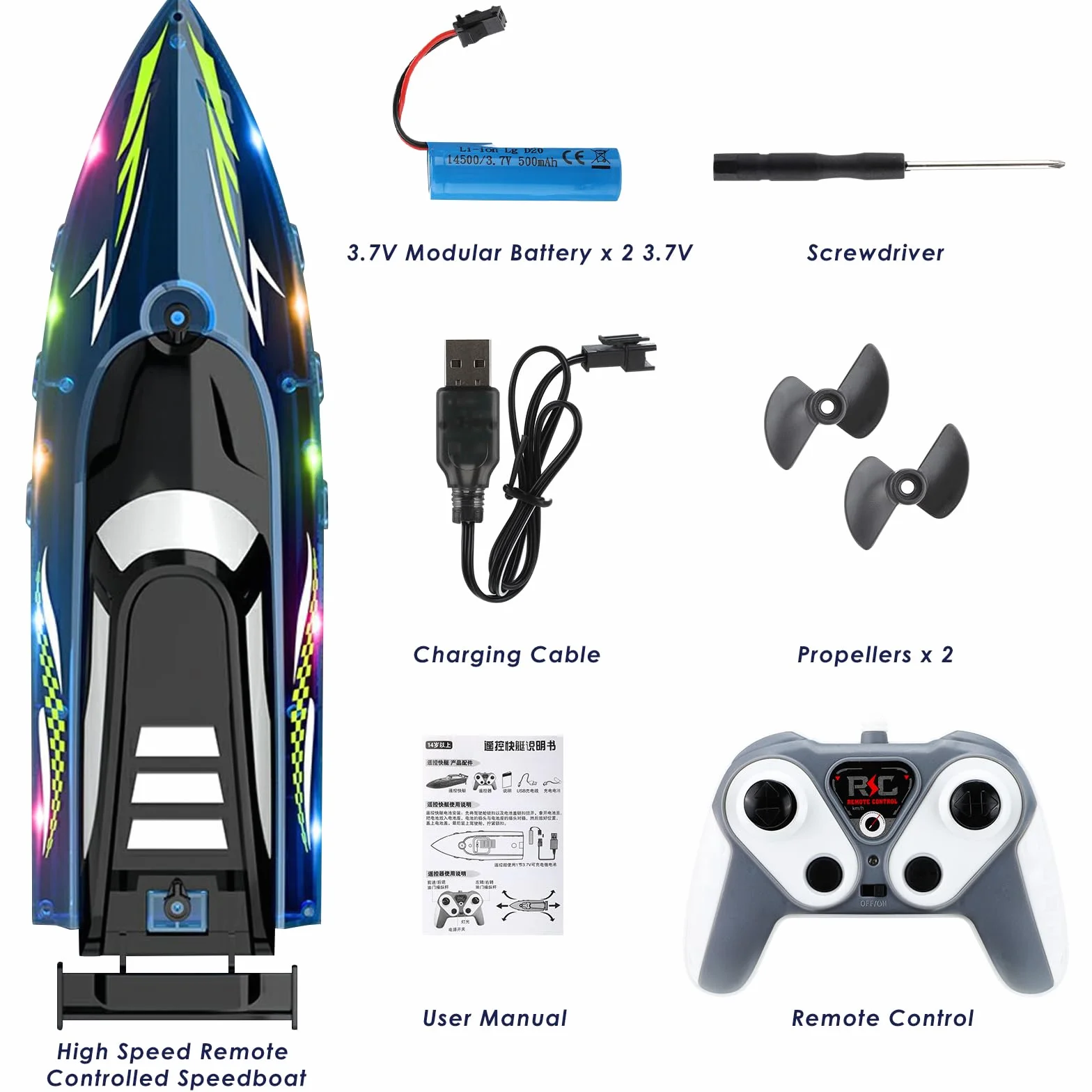 Barco de Control Remoto, 2.4 GHz Barco eléctrico Impermeable de Alta Velocidad con 2 baterías Recargables y luz LED Barcos eléctrico inalámbrico Ship de Carreras para niños Adultos (Blue)