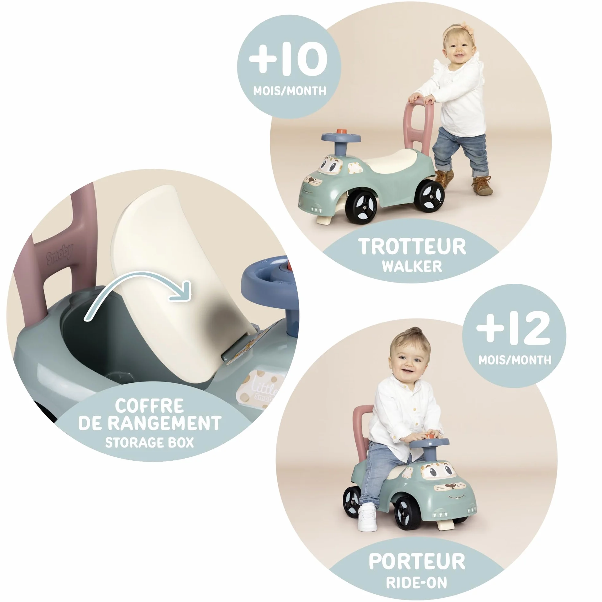 Smoby Little Coche correpasillos - Función Andador - Volante - Caja de Juguetes - A Partir de 10 Meses - Fabricado en Francia