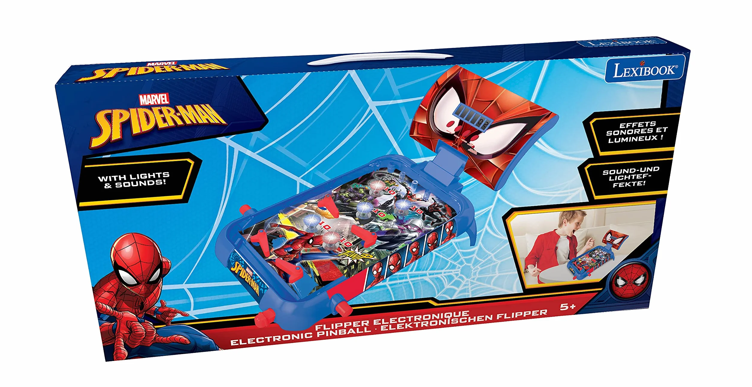 LEXIBOOK, Spider-Man, Pinball electrónico de Mesa, Juego de acción y Reflejos para niños y familias, Pantalla LCD, Efectos de luz y Sonido, Azul/Rojo, JG610SP