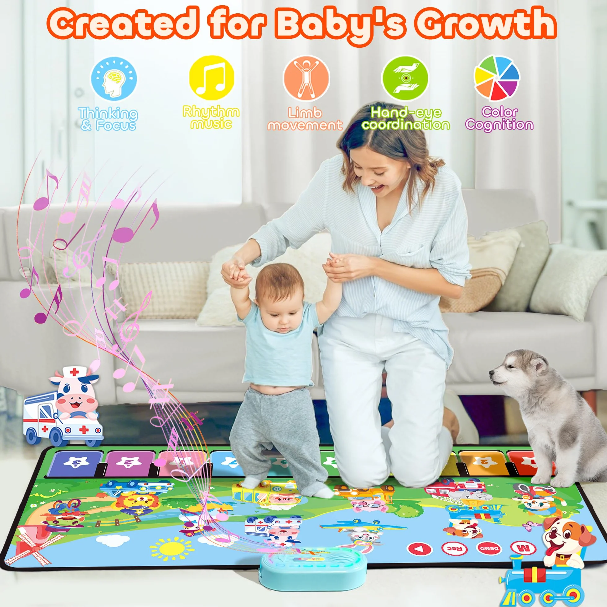 MOMUSE Alfombra Musical con 80 Sonidos, Alfombra de Piano Grande con 10 Animales y 10 Coches, Juguetes Musicales con Luz Suave, 10+ Niveles Volumen, Regalos para Niños Niñas 1 2 3 Años (110 cm*45 cm)