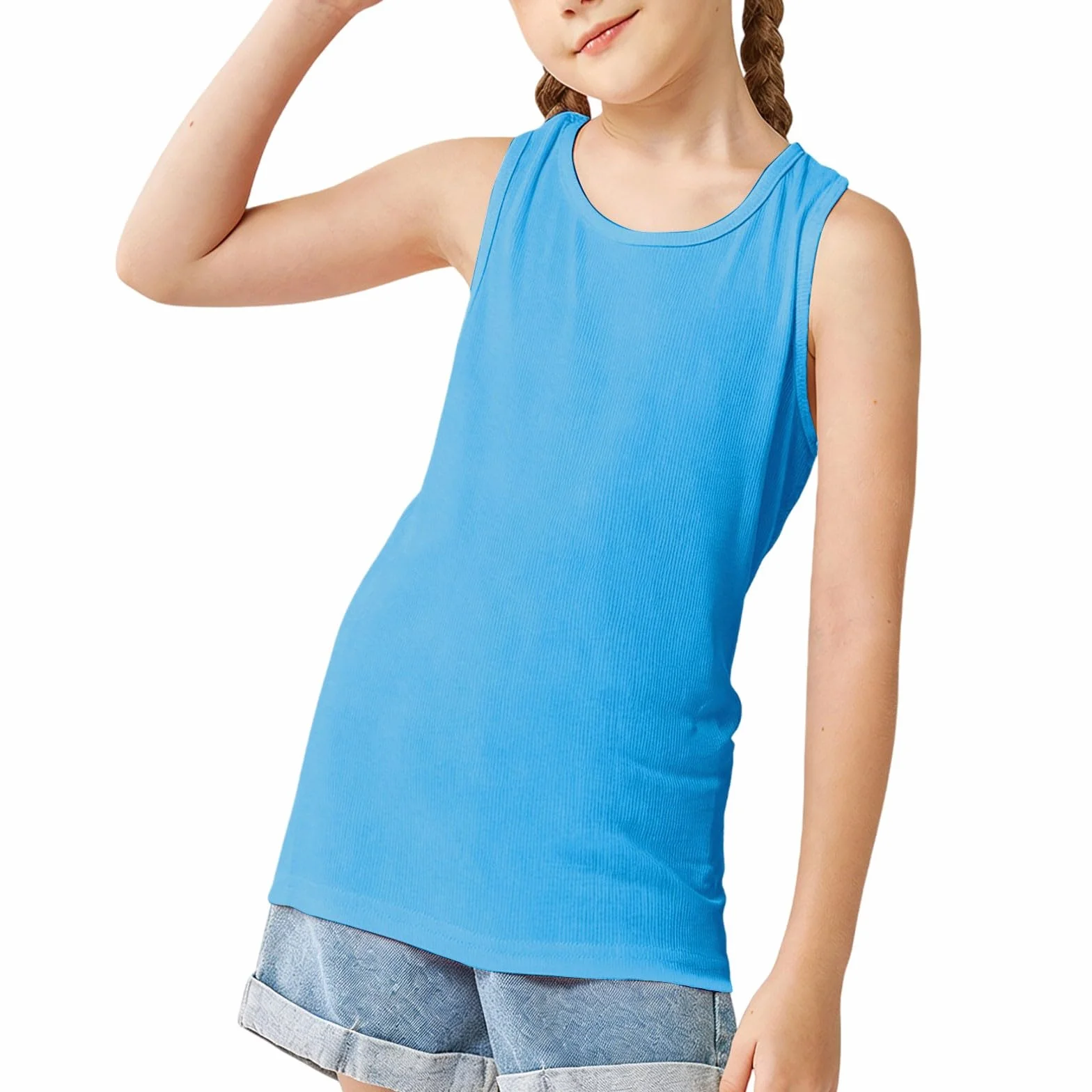 Paquete de 3 camisetas sin mangas para niñas y niños, verano color liso cuello redondo