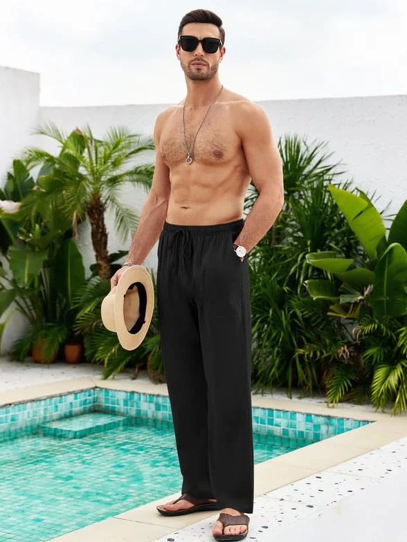 Pantalones de Lino para Hombre Casuales de Verano con Bolsillos Color Sólido Holgados con Cordón
