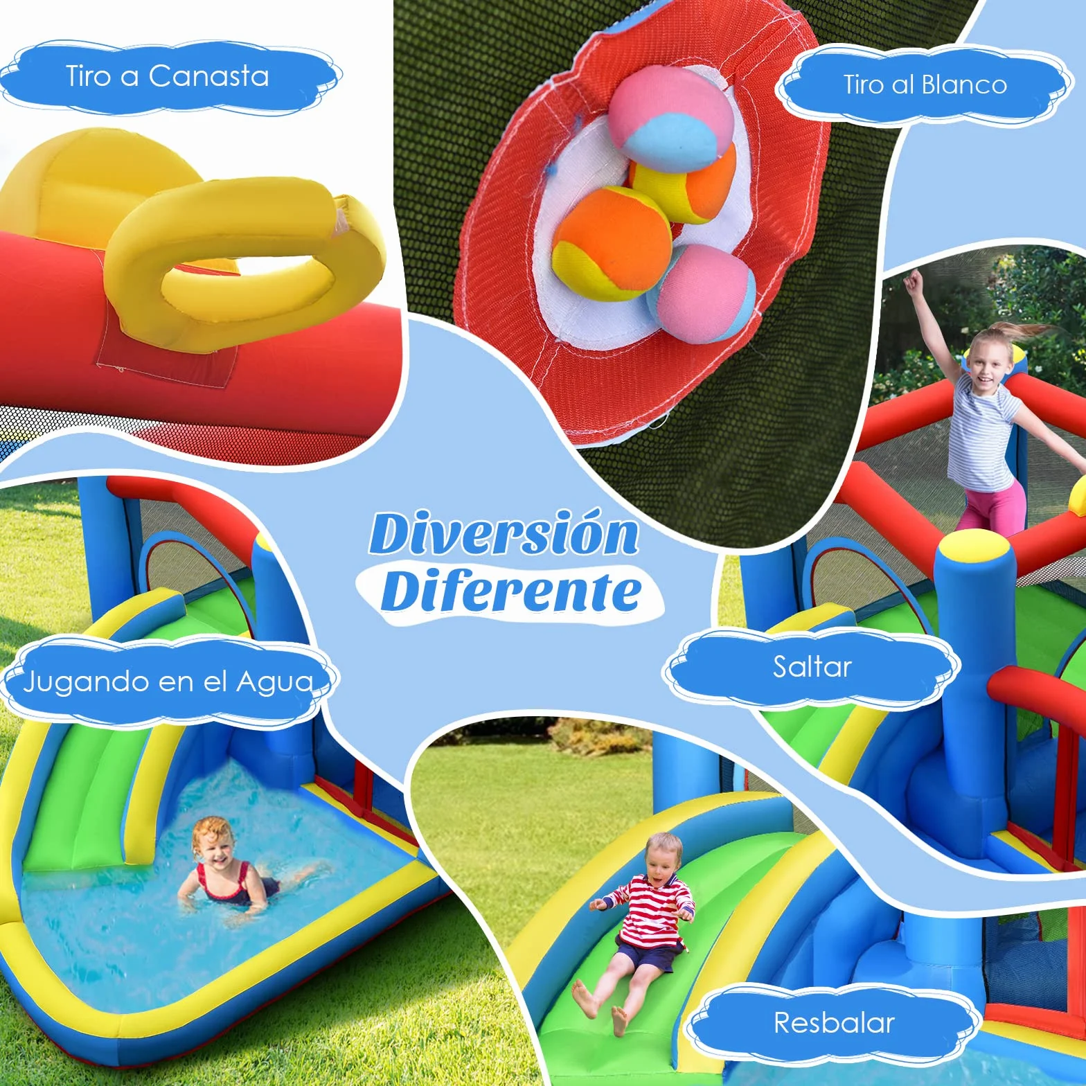 COSTWAY Tobogán Acuático Inflable, Castillo Inflable con Tobogán Mojado Seco para Interior y Exterior, Parque Acuático Portátil para Patio con Pelotas, Pelota de Baloncesto Inflable sin Compresor