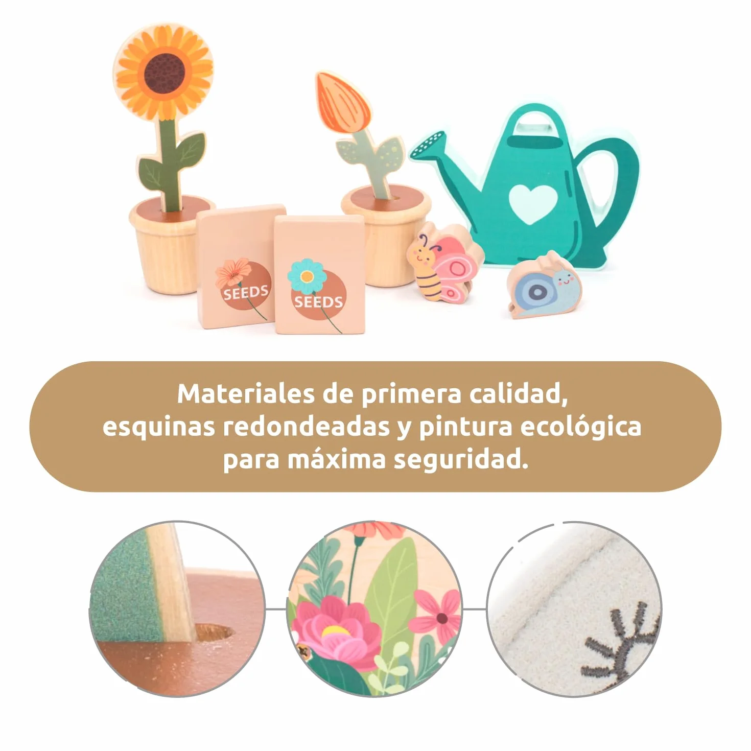 umu® Juego de jardín de madera para niños con accesorios – Juguetes de jardín para niños, juego de herramientas de jardín para niñas y niños, regadera, pala, rastrillo, juguete educativo a partir de