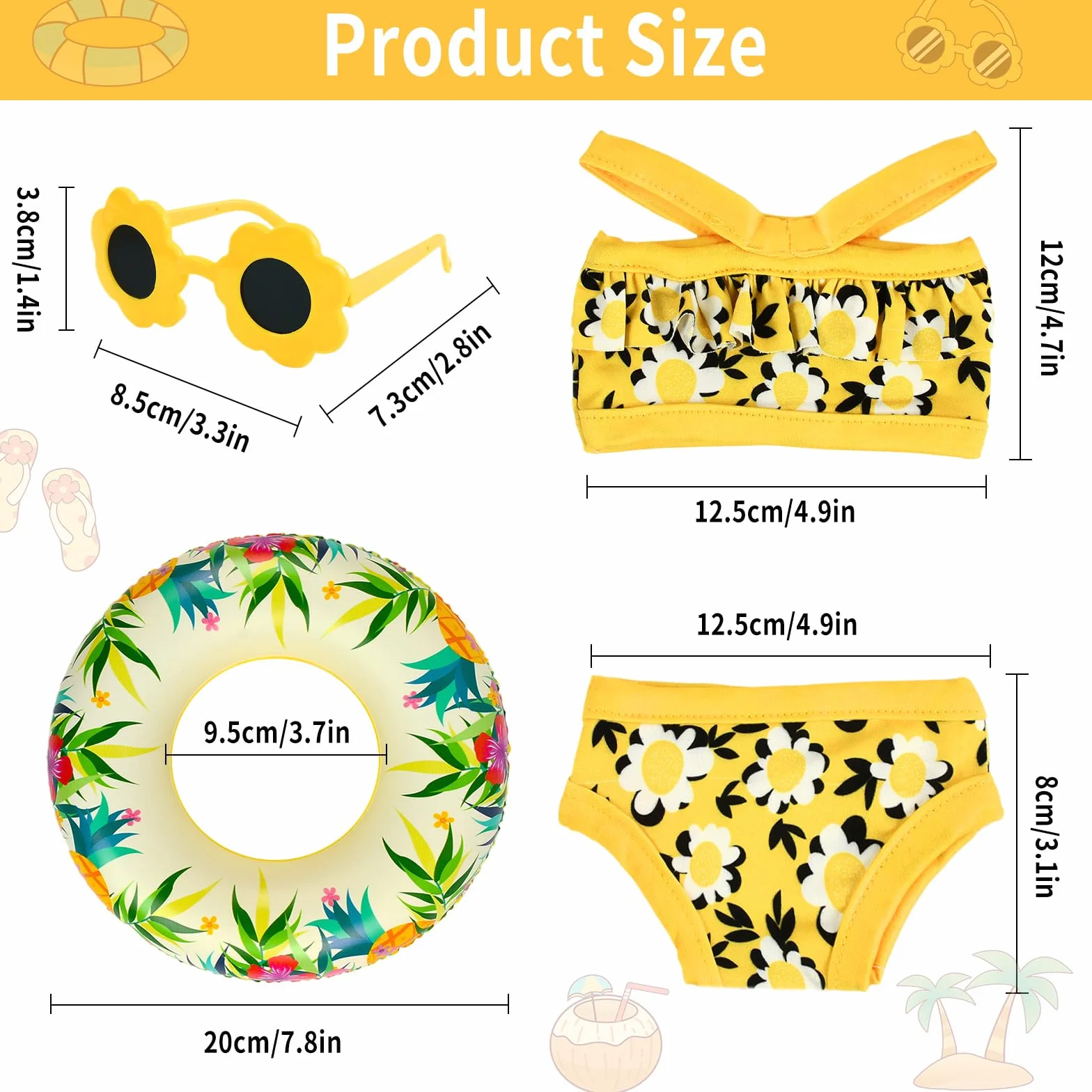 Traje de Baño para Muñecas, Ropa de Muñecas para New Born Baby Doll, Ropa para Muñecas Bebé con Bañadores Muñecas, Gafas de Sol, Anillo de Natación, Ropa de Muñeca para Muñecas de 35–45 cm