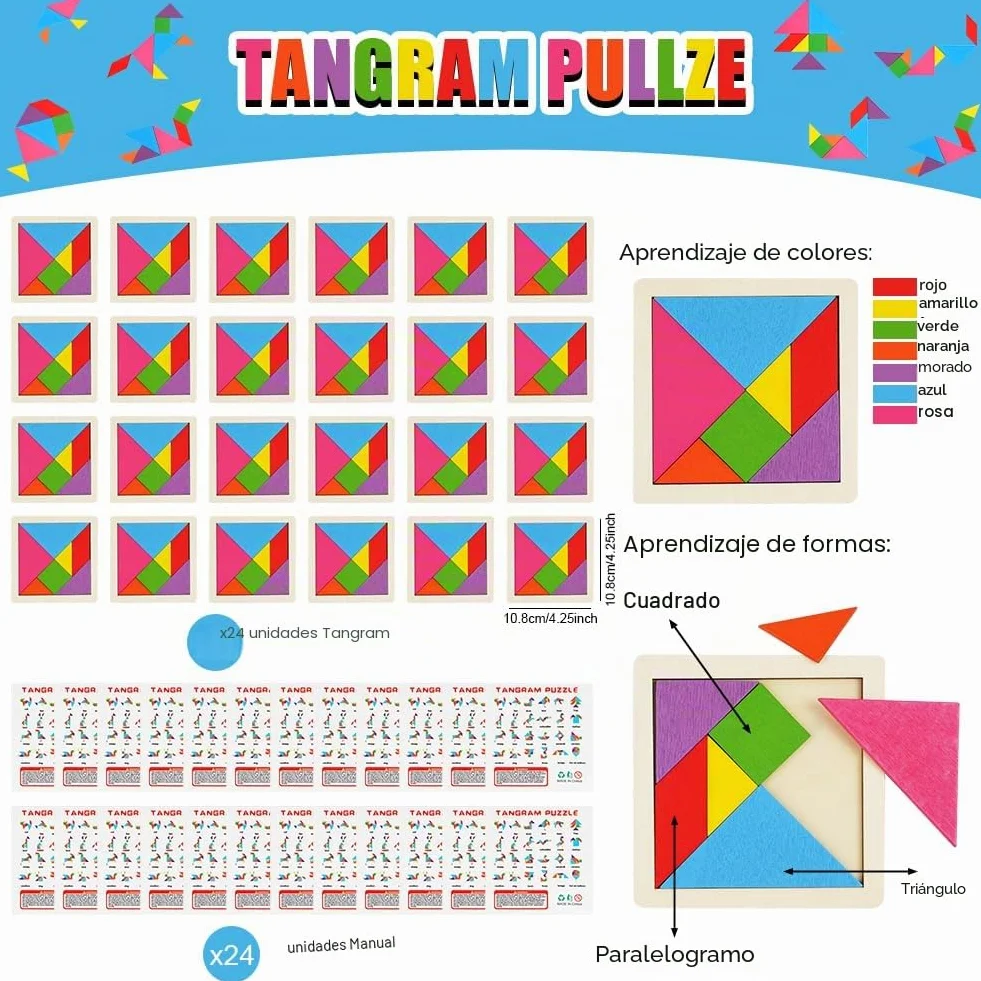 Ainiv 24PCS Tangram Infantil Puzzle Madera Montessori Rompecabezas Educativos para Niñas y Niños