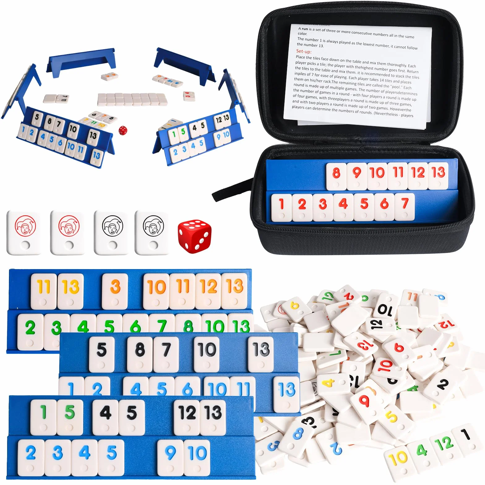 Rummy Cup Original Rummy Juego de viaje con cordón de almacenamiento para adultos, 160 piedras, juego de mesa Rummy Cup para 2-6 jugadores, con 6 soportes de juego, 1 dados juegos de mesa