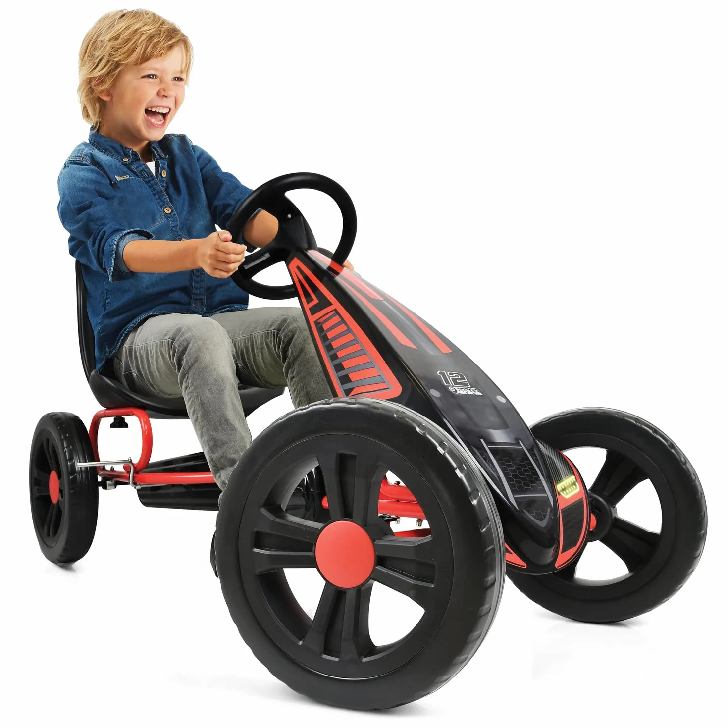 hauck Go Kart Cyclone - Kart Pedales para Niños de 4 a 10 Años - Coche Pedales con Ruedas de 12 Pulgadas - Go-Kart con Freno de Mano y Asiento Ajustable - Chasis de Acero - Negro/Rojo
