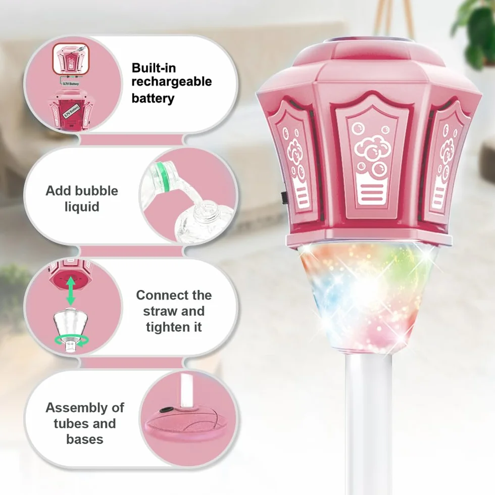 Lámpara de Jardín Bubble Torch con Luz y Música,Altura Regulable 52-115 cm,Máquina de Burbujas Recargable para Exteriores con Mando a Distancia para jardín (Rosa)