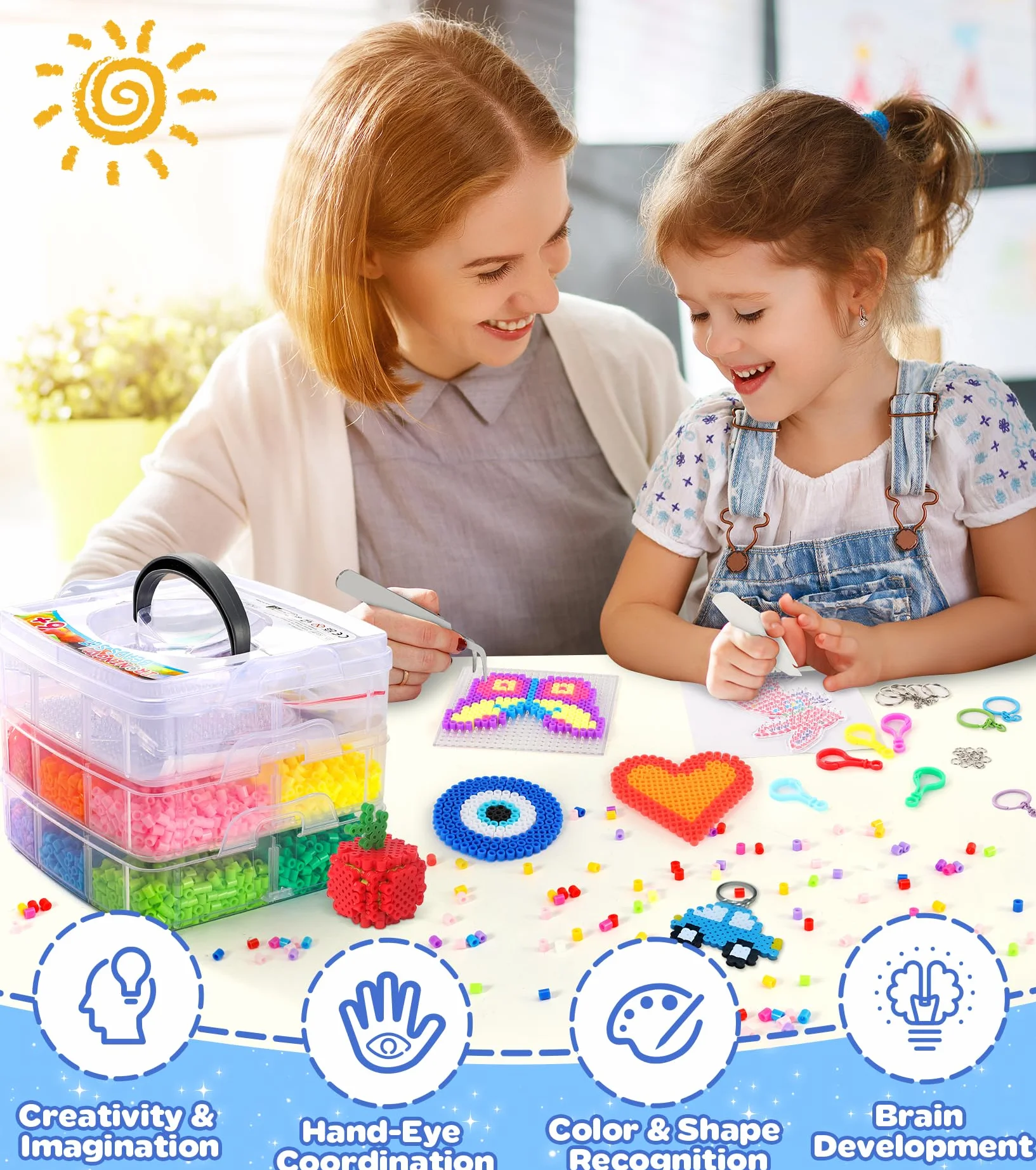 Ophy Cuentas Para Planchar | 15000 PCS 5mm Beads Juego Completo Cuentas Para Planchar, Con Caja de Almacenamiento, Plantilla, DIY Ideas de Manualidades, 3D Favores de Fiesta de Cumpleaños Para Niños