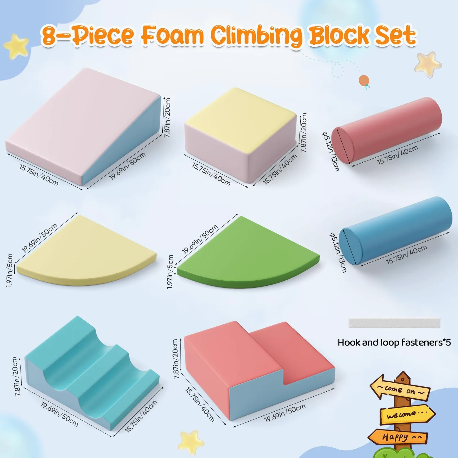 8p - Bloques de escalada blancos para niños, bloques de escalada para bebés, revestimiento de PU resistente a los arañazos, fácil de limpiar, cierre de cremallera oculta, espuma de alta
