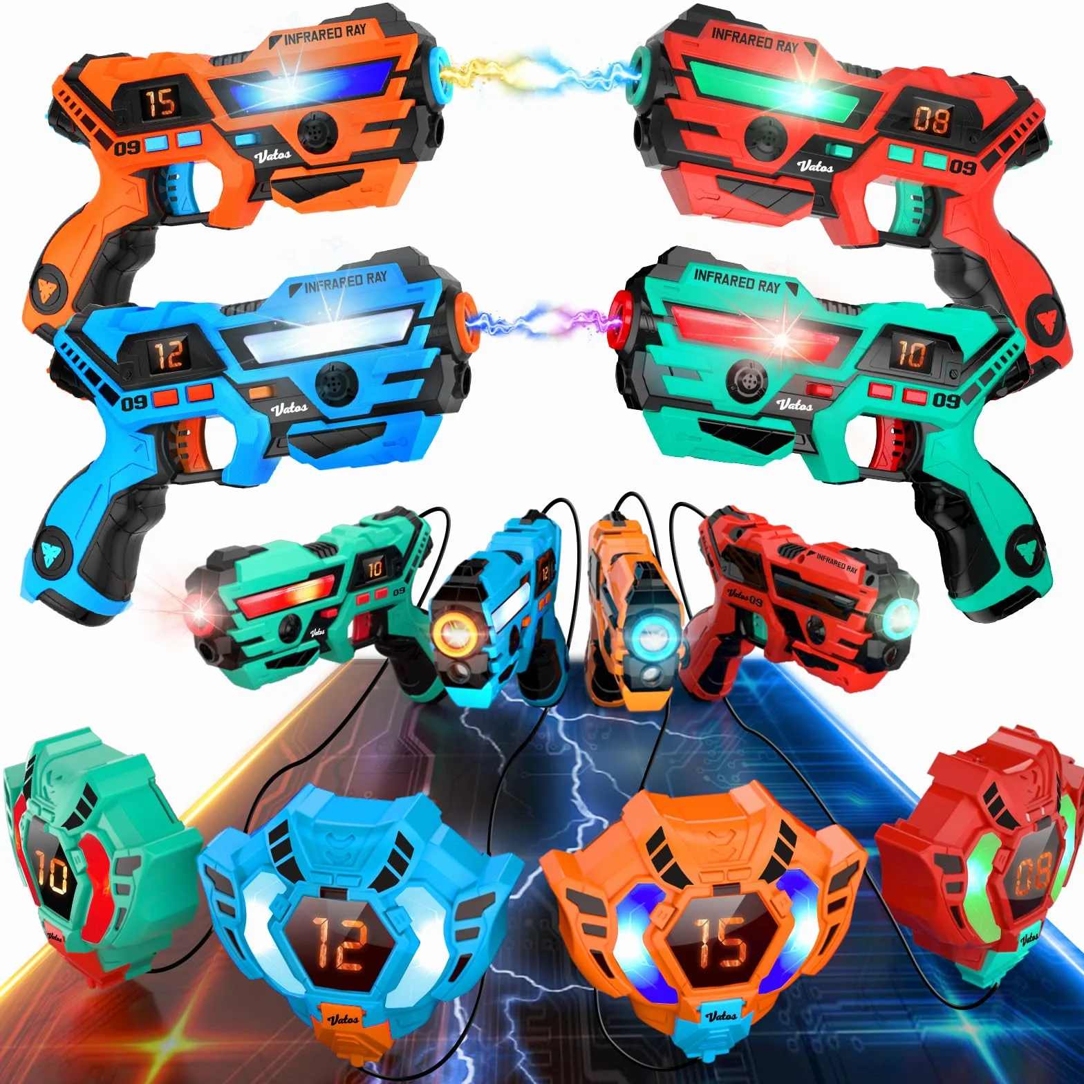 VATOS Recargable Laser Tag Set 4 Packs - En Tiempo Real de Datos Sync Infrarrojos Laser Tag Sets, 4 Jugador Lazer Tag Juego de Disparos para Niños Adolescentes Edad 6-12 años