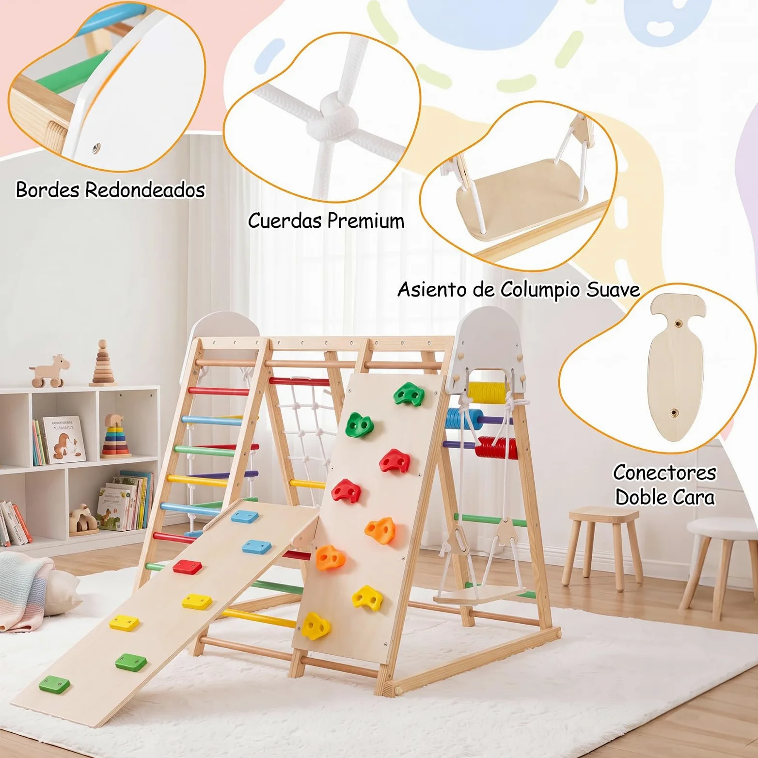 COSTWAY 8 en 1 Estructura de Escalada para Niños,Madera Maciza (Multicolor) | Juego de Escalada Montessori con Pared de Escalada, Barras de Mono y Columpio para Habitación Infantil Sala de Juego