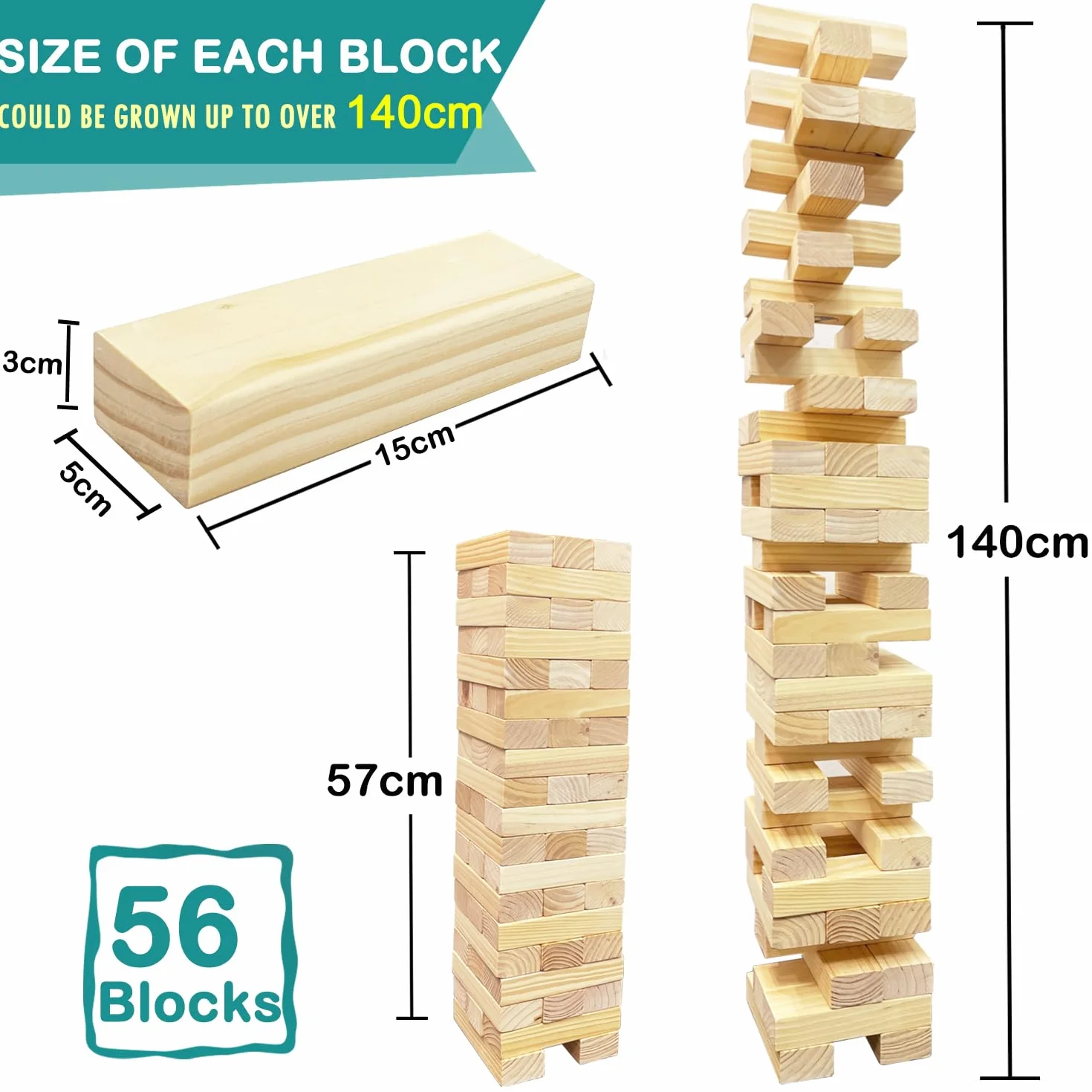 Madera Tumble Tower Game Toppling Block Stacking Game Timber 56 Pcs Outdoor Yard Games for Family (Large-1.87ft)