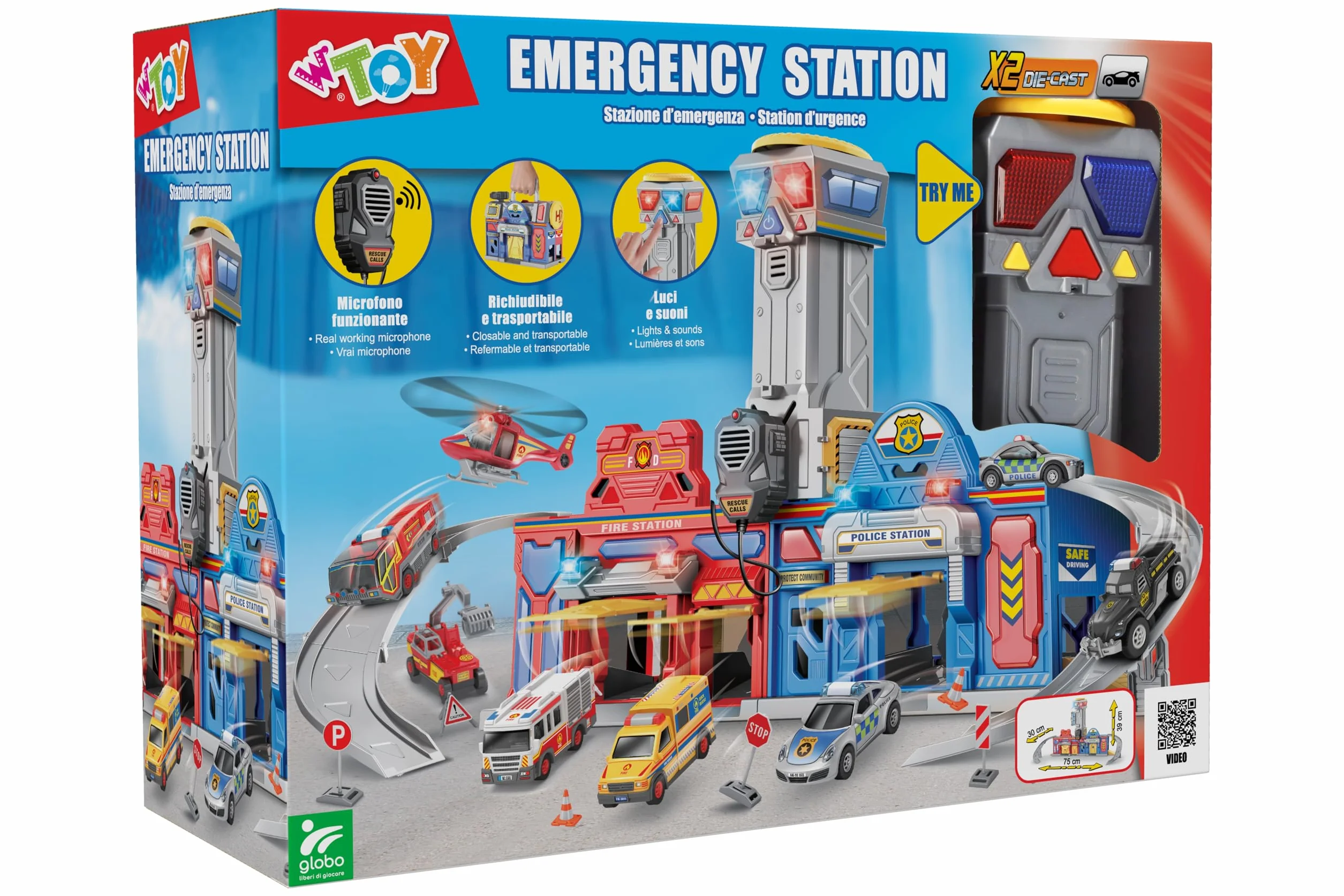 Gran estación de emergencia con sonidos y luces - Bomberos y policía - Sonidos y luces - Megáfono - 2 modelos de coche die-cast incluidos - Dimensiones 75 x 39 x 30 cm - Globo Juguetes - WToy 42189