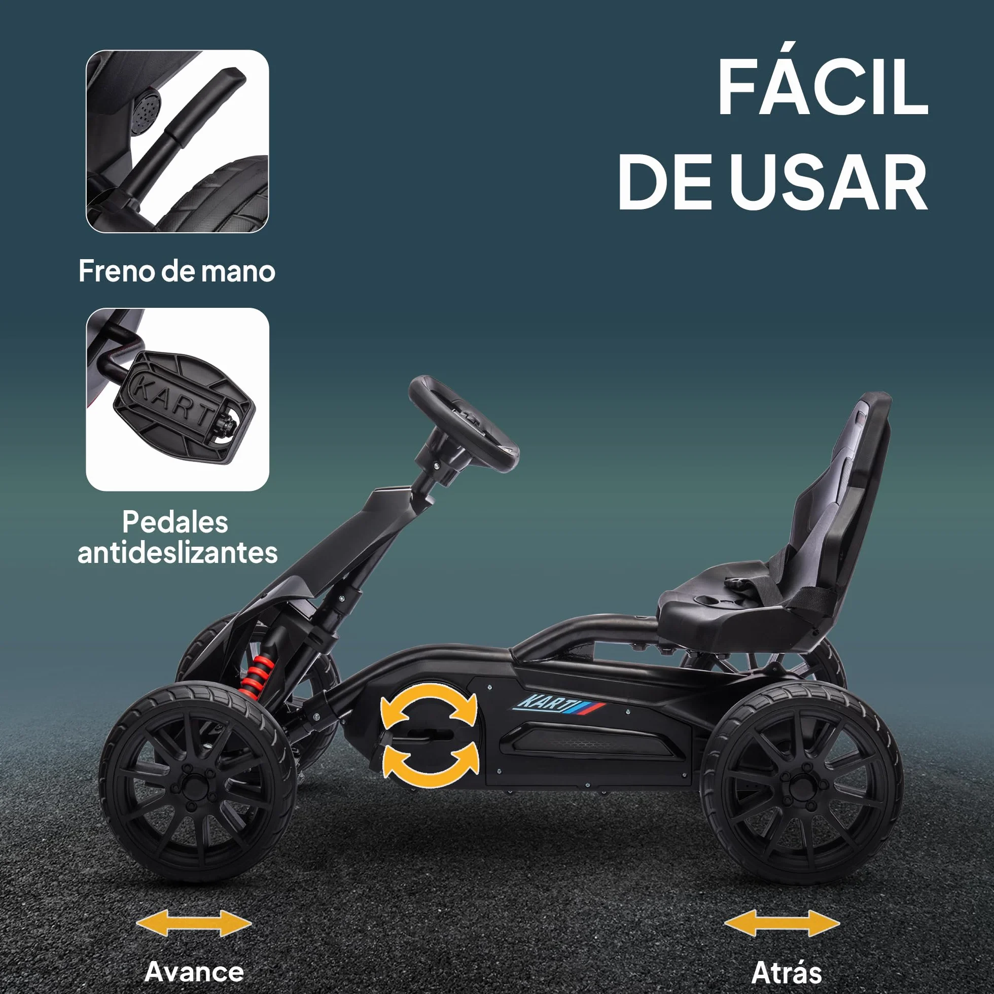 HOMCOM Kart Pedales Go Kart a Pedales para Niños de 3-8 Años con Asiento Ajustable en 4 Posiciones Freno de Mano Ruedas de EVA y Marco Metálico Carga 30 kg Negro