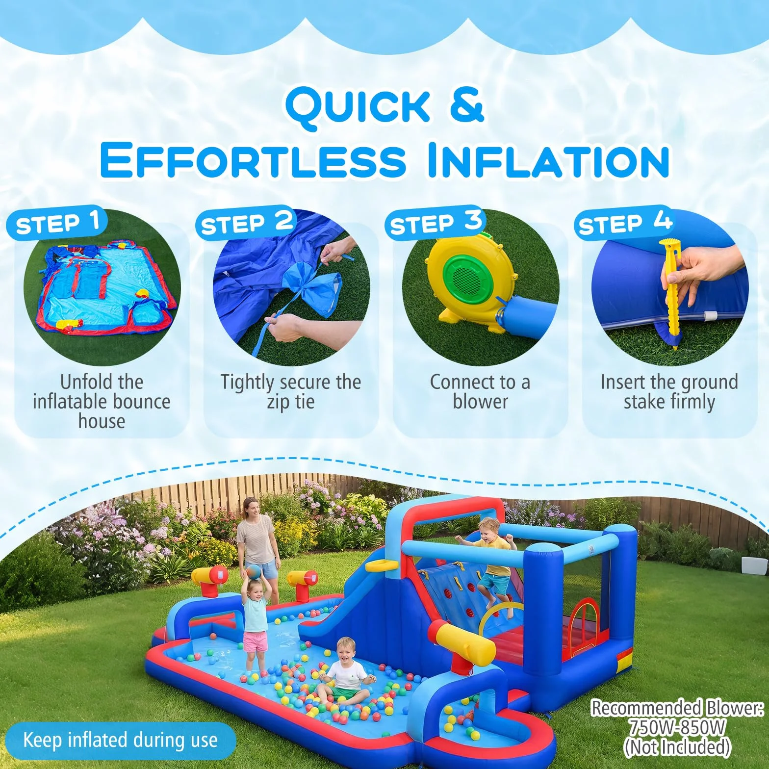 GOPLUS Castillo Hinchable, Castillo Inflable 2 en 1 con Pared de Escalada, Cañones, Piscina de Chapoteo y Tobogán Acuático, Casa de Saltos Infantil para Interior y Exterior, Soplador No Incluido