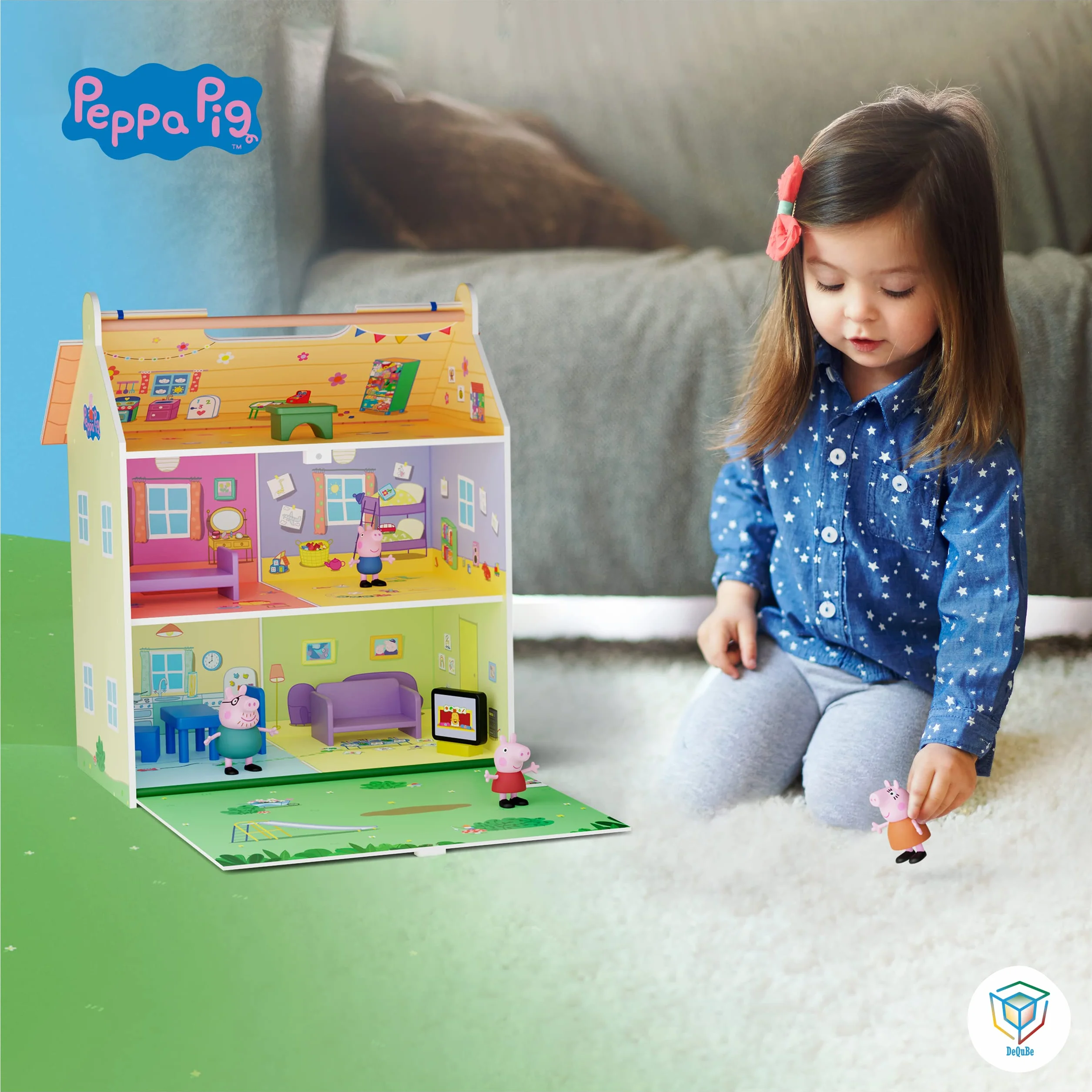 Peppa Pig Casita de Madera 2 Pisos con Buhardilla y Jardín 39x34,5x18 cm 7 Accesorios 4 Personajes