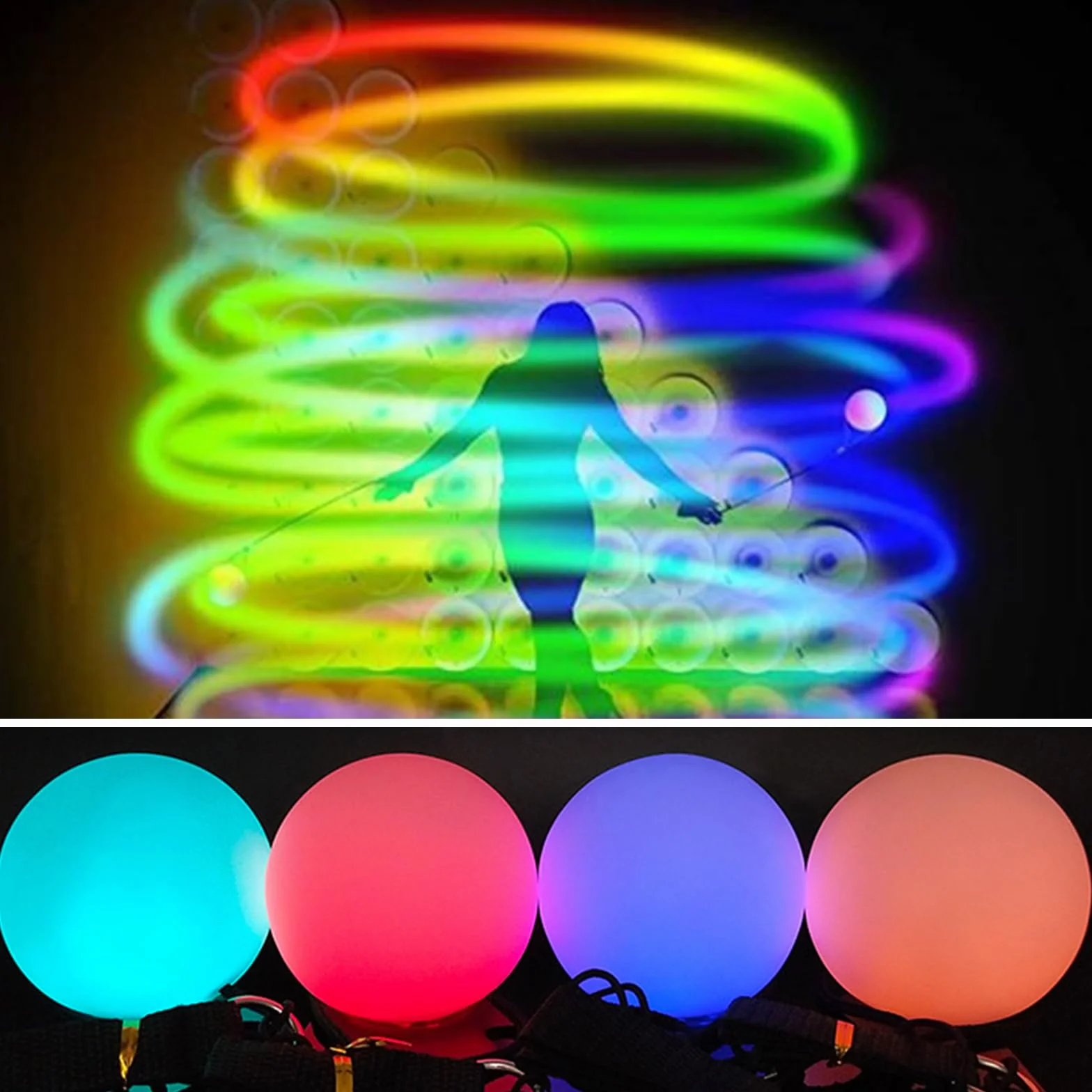Juego de 2 bolas de poi LED luminosas, con colores arcoíris y efecto estroboscópico, juguetes de circo, juguetes spinning POI para niños y adultos