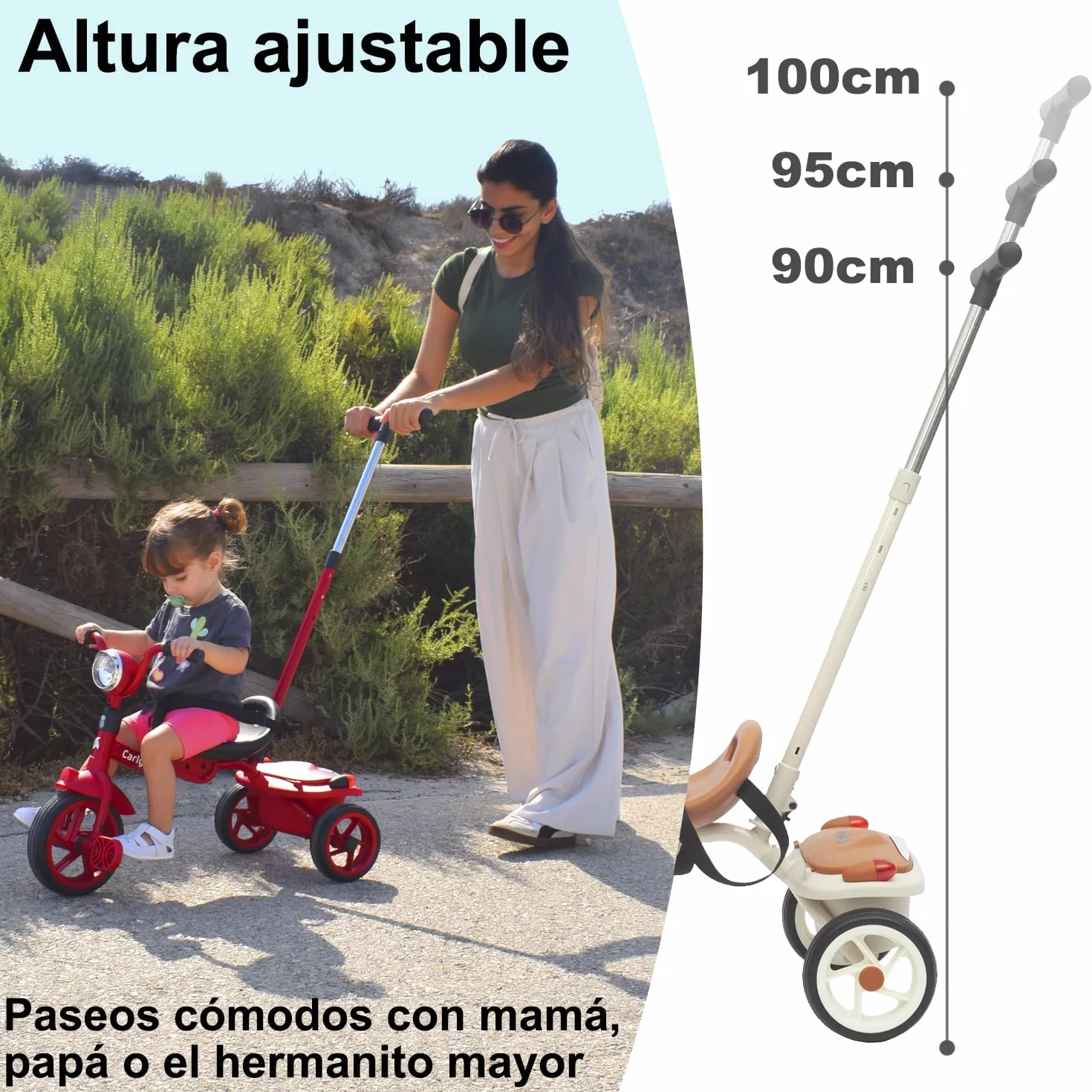 Twinly Triciclo Evolutivo Plegable Carly, Blanco, 1-5 Años | Ligero y Compacto, Manillar con Luz y Sonido, Cesta Incluida, Barra de Empuje Ajustable