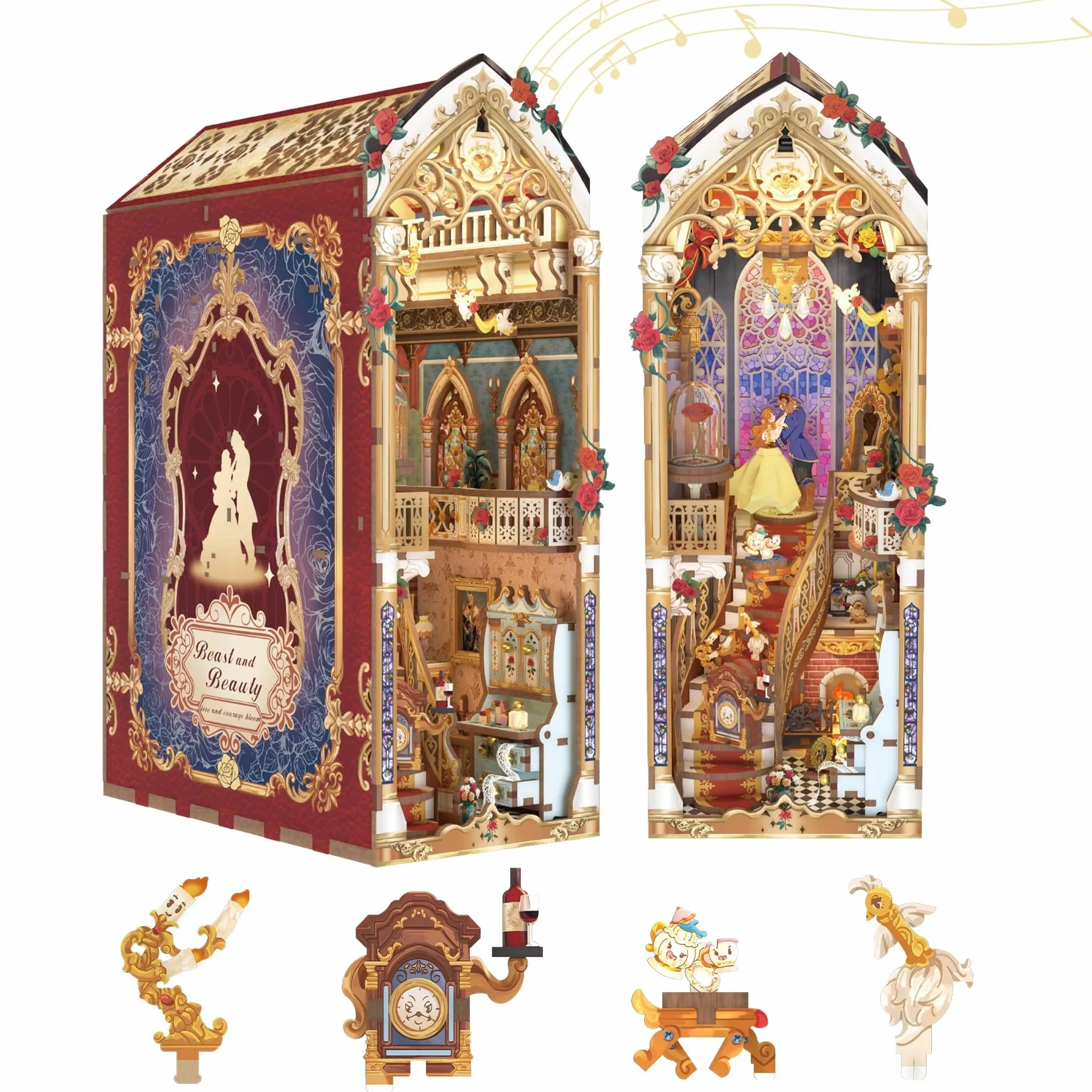 Tonecheer Kit de rincón de Libros para Adultos, Rompecabezas de Madera 3D para sujetalibros, Casa en Miniatura con Luces LED (Bestia y Belleza)